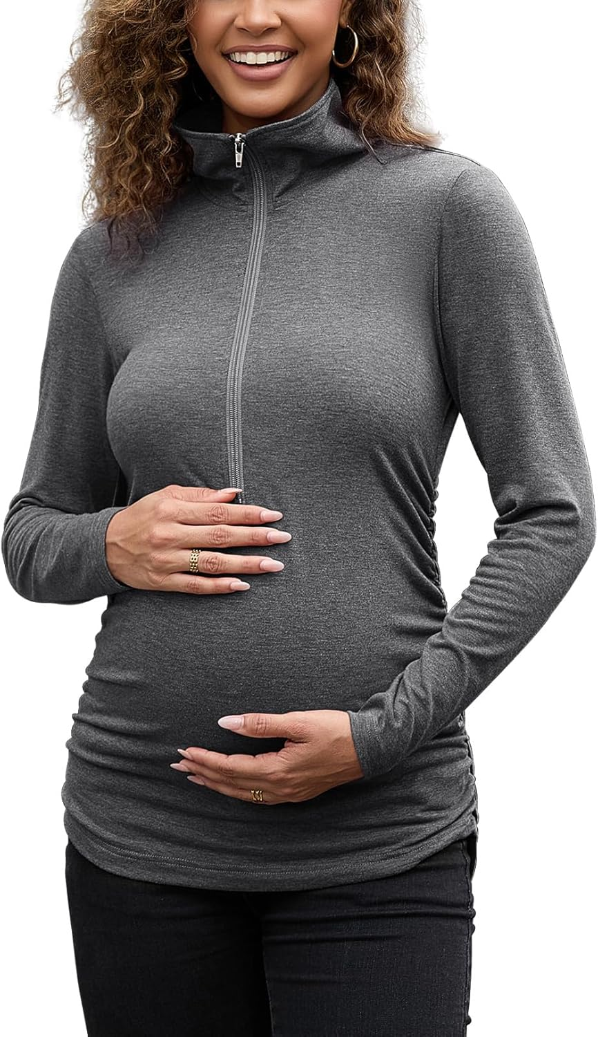 Women'S Maternity Shirt Long Sleeve Half Zip Pullover Lapel Sweatshirts Comfy Pregnancy Tee Tops
