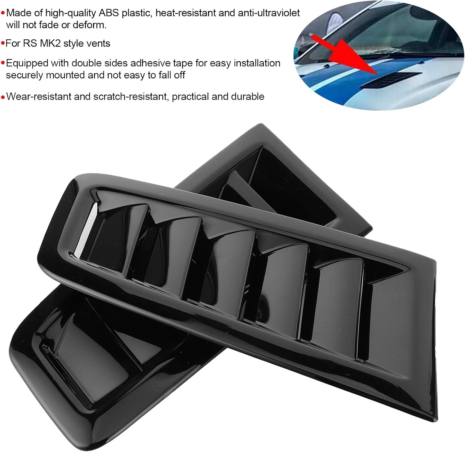 2PCS Universal Hood Air Vents for Car Hood Scoop, Bonnet Vent Hood Air Intake Trim Cover, Bonnet Air Vents Engine Hood Car Exterior Parts for Focus RS MK2 Style (Glossy Black) image number 6