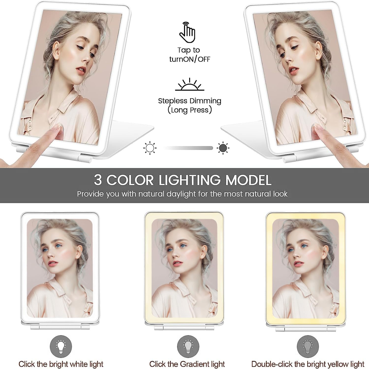 Portable Travel Lighted Makeup Mirror，Usb Rechargeable Folding Vanity Mirror，80 LED Lights 3 Color Dimmable Touch Screen Tabletop Beauty Makeup Mirror，Travel， Makeup, Office Essential image number 6