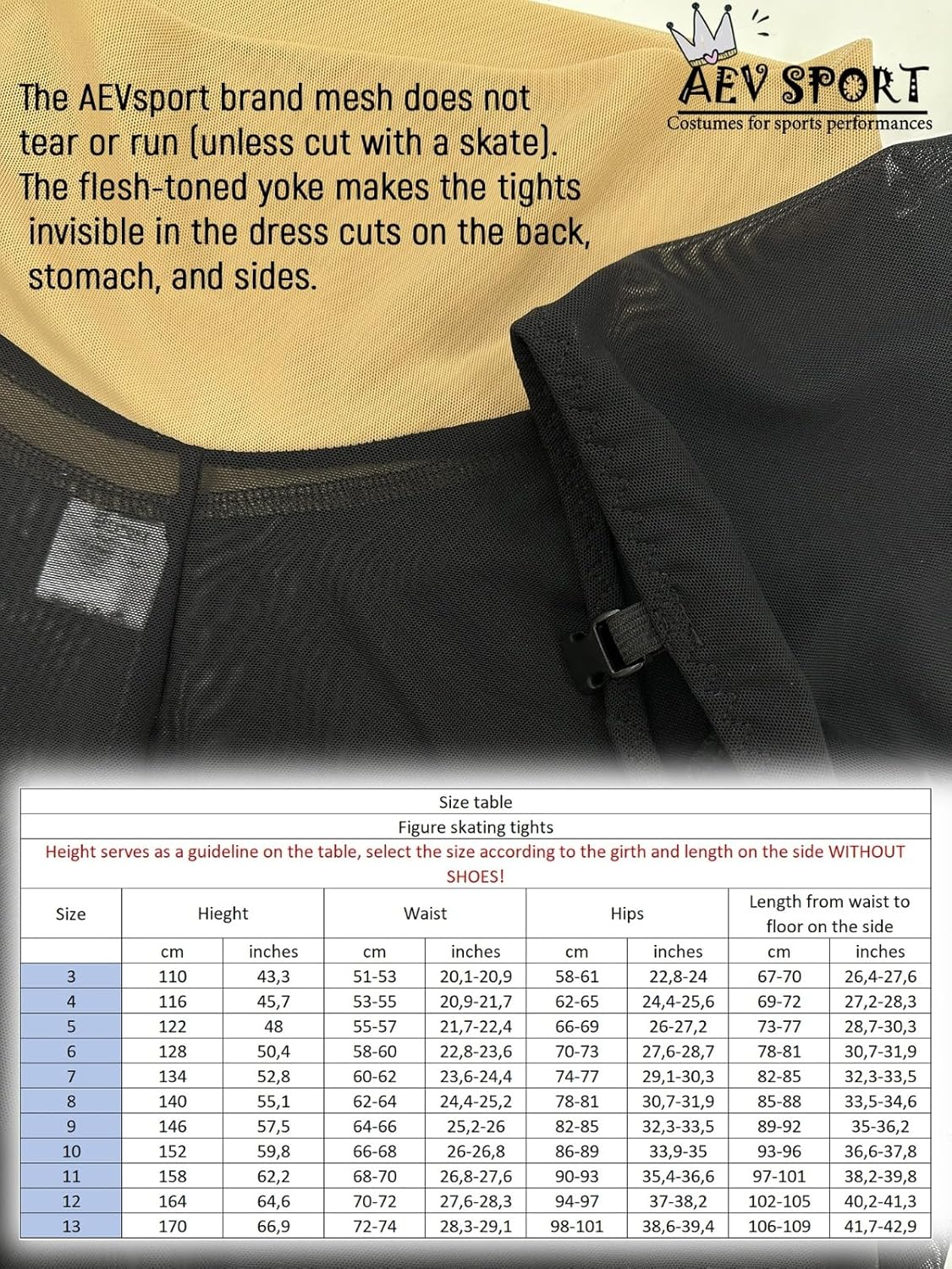 Aevsport Women Mesh Tights for Figure Ice Skating with Seam over the Heel of the Boot image number 6