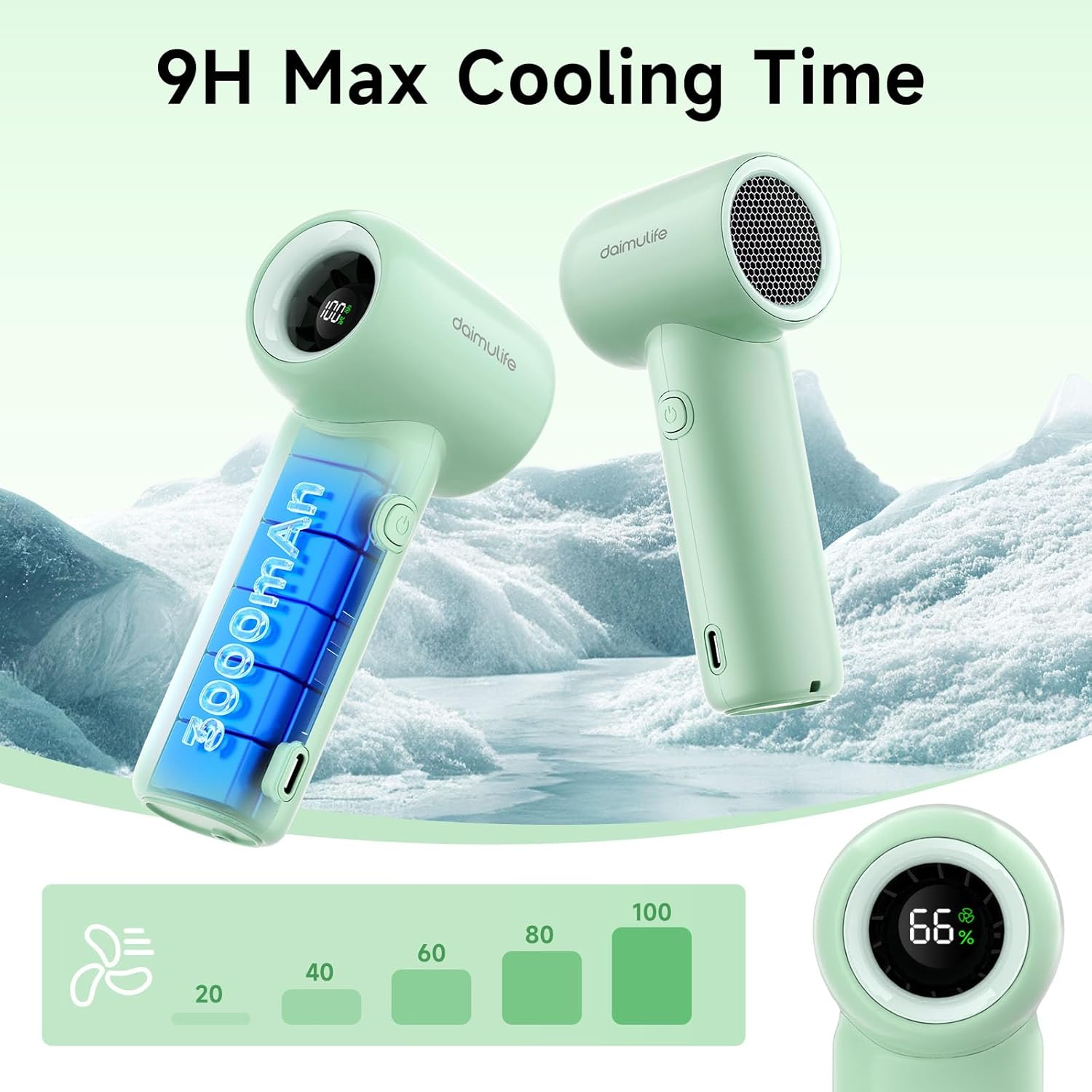 DAIMULIFE Mini Handheld Fans with 3000Mah Rechargeable Battery, Speed(1-100) Adjustable Portable Turbo Fan, Personal Fan for Travel/Summer/Concerts/Lash, Gifts for Women (Green) - Green image number 2