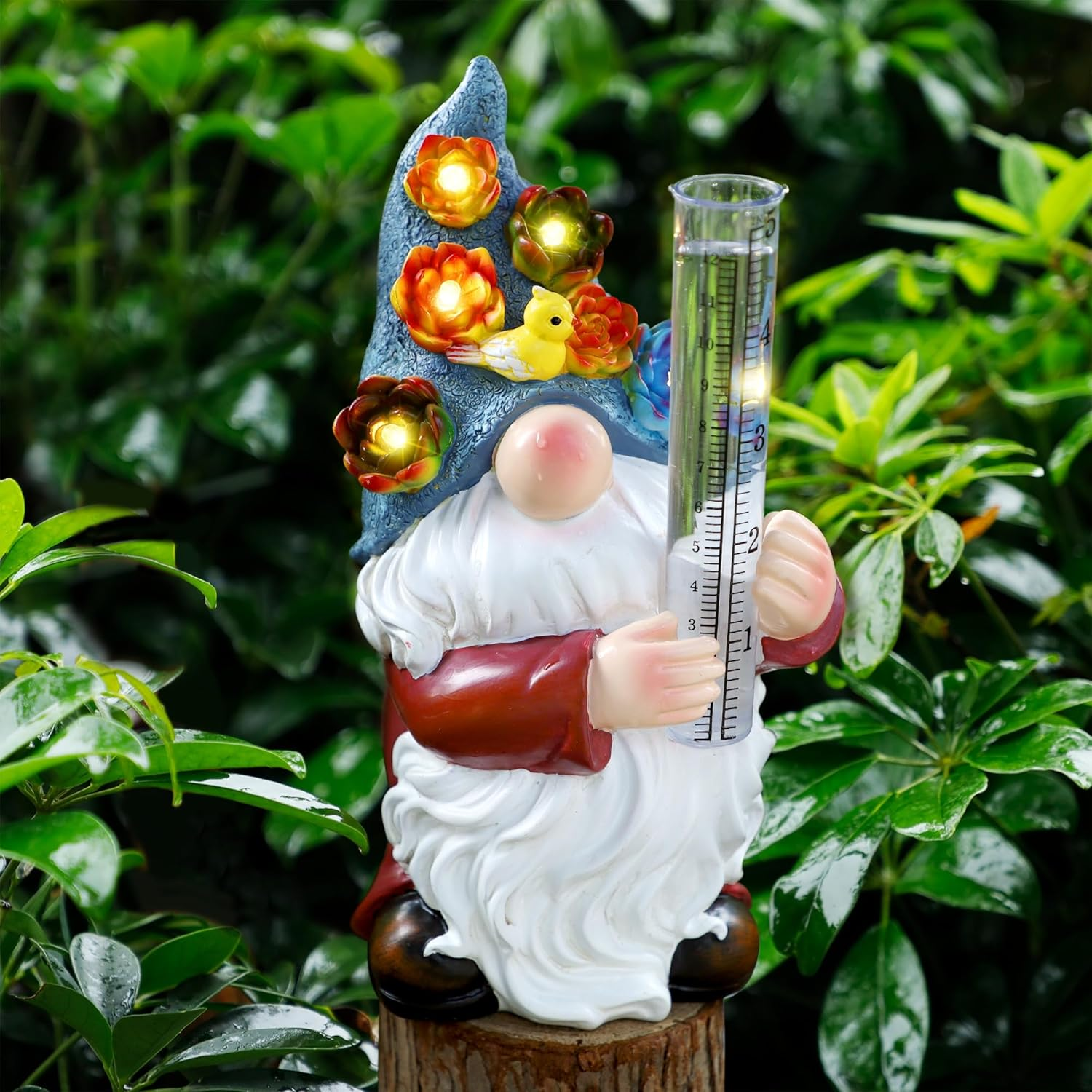FORUP Resin Gnome Statue with Rain Gauge, Hand Painted Gnome Sculpture for Garden image number 3