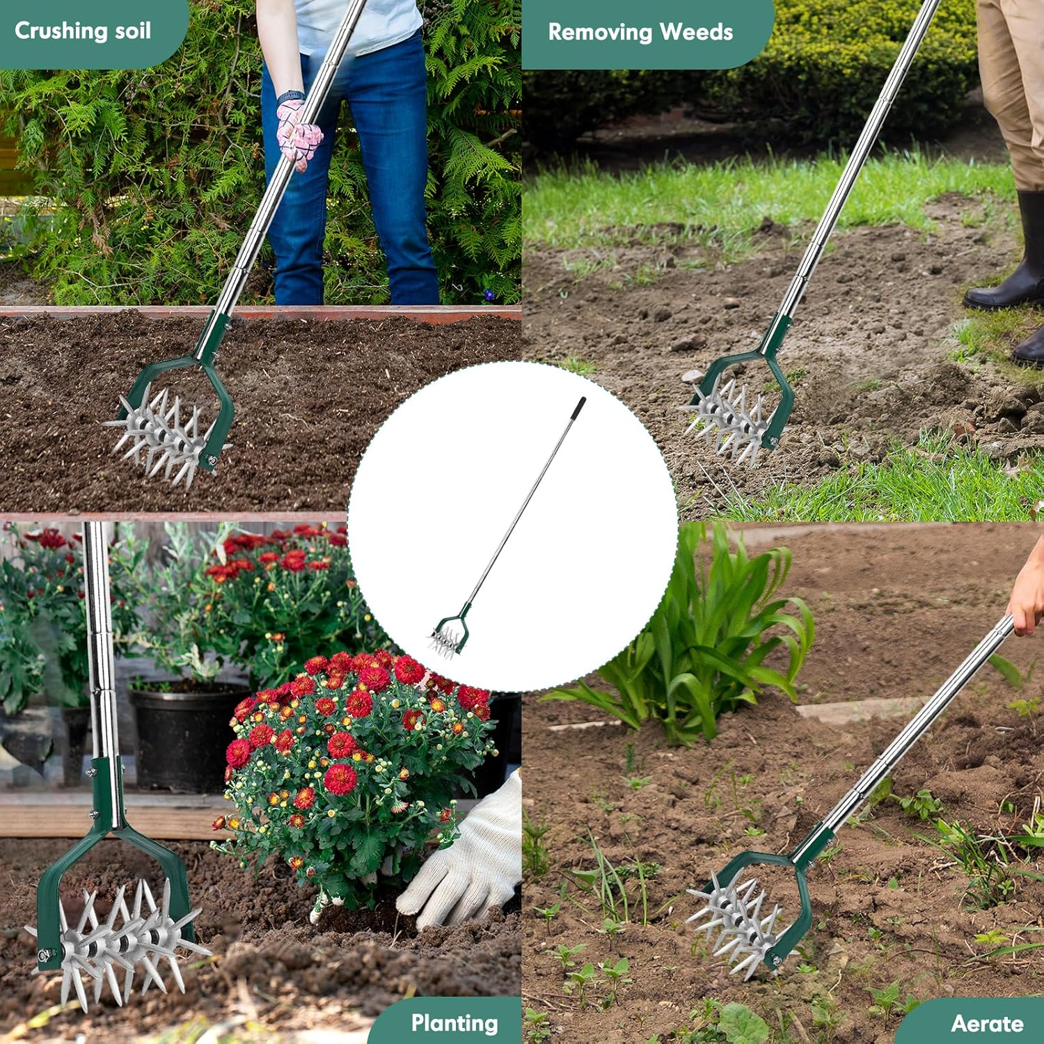Rotary Cultivator Tiller Adjustable S/S Handle Rotary Tiller with Detachable Solid Metal Tines Garden Cultivator Lawn Tiller and Manual Tiller for Loosing and Mixing Soil image number 3