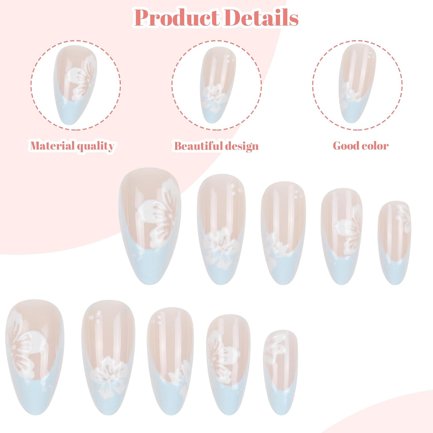 Charmburst Pack of 24 Blue Flowers Press on Nails Almond Medium, False Nails for Sticking, High-Quality ABS False Nails for a Long-Lasting Effect image number 6