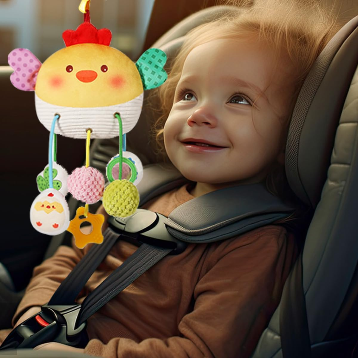 Baby Activity Hanging Toy, Soft Plush Chick Sensory Toys with Rattle ＆ Textures, Baby Stroller Toy, Toy for Car Seat and Crib, Early Educational Toys for Infant Boys and Girls