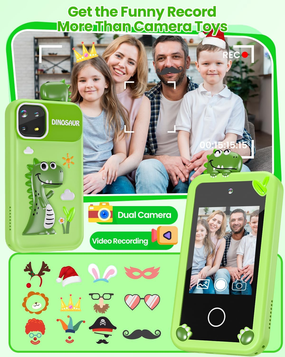 Kids Smart Phone for Boys with 32G Card & Holographic Pyramid, Christmas Birthday Gifts for Age 3-10 Kids Toys Cell Phone, 2.8"Touchscreen Toddler Learning Toy, Dual Lens, Music Player(Green Dinosaur)