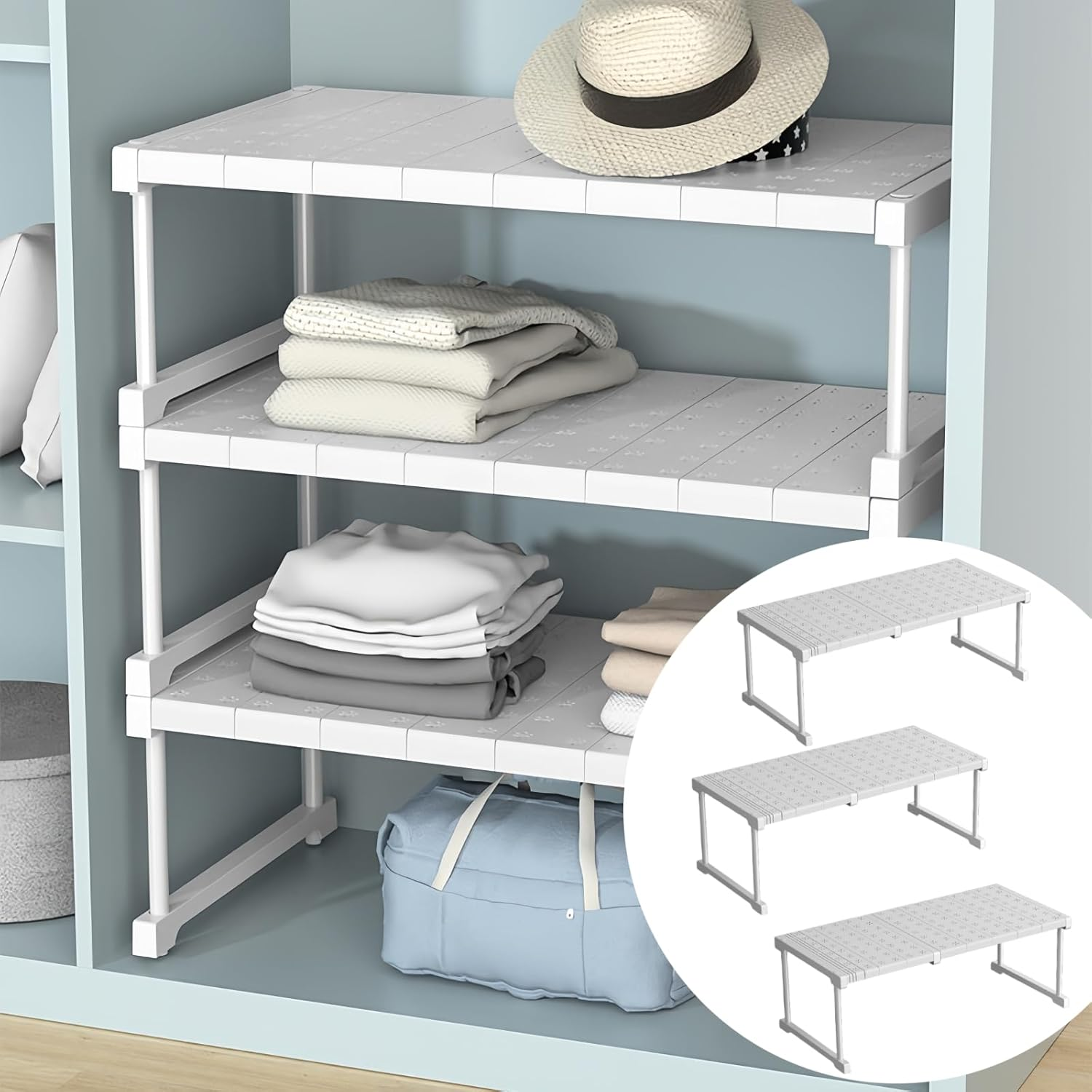 Ssumght Stackable Closet Shelf Expandable Clothes Storage Rack Pantry Cabinet Organizer Wardrobe Divider Separator Stand Shoe Racks for Bathroom, Kitchen (3 Pcs,((67-88) X 42 X 32Cm) image number 1