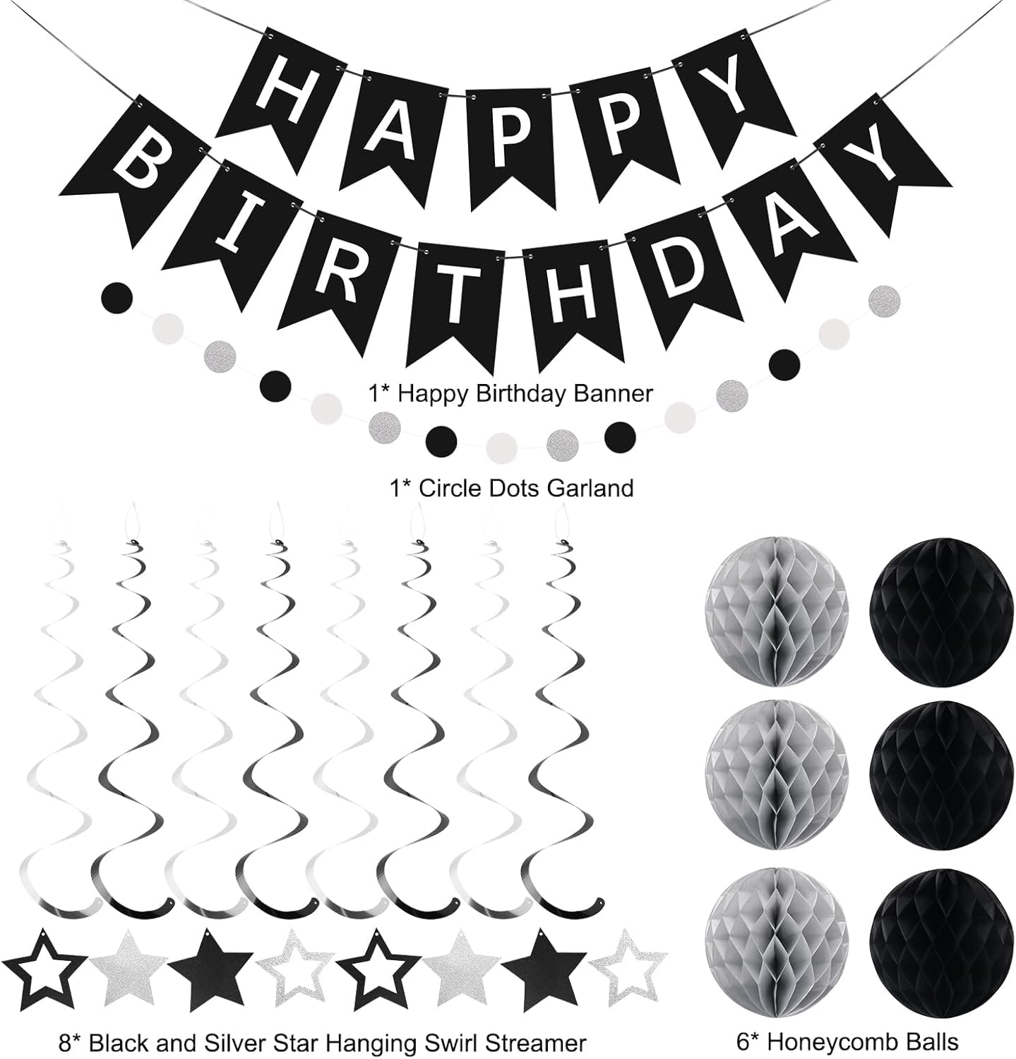 Lumjoy Birthday Decorations Happy Birthday Banner with Honeycomb Balls Star Hanging Swirl Streamers Circle Dot Garland Party Decoration for Women Men Boys & Girls (Black & Silver) - Blue image number 5