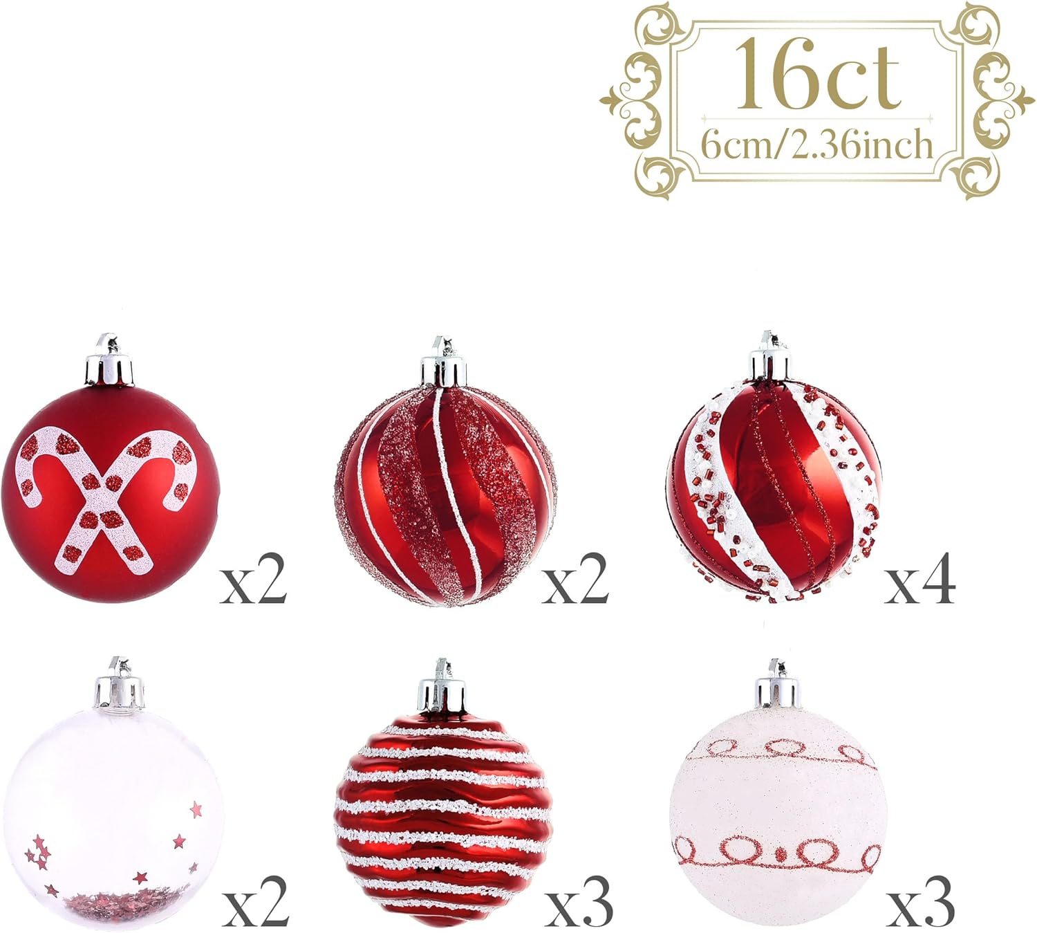 Valery Madelyn Christmas Valentines Ornaments Set, 16Ct Candy Cane Red and White Shatterproof Christmas Ball Ornament Set, 2.36 Inch Assorted Hanging Tree Decoration Bulk for Xmas Holiday Decor image number 4