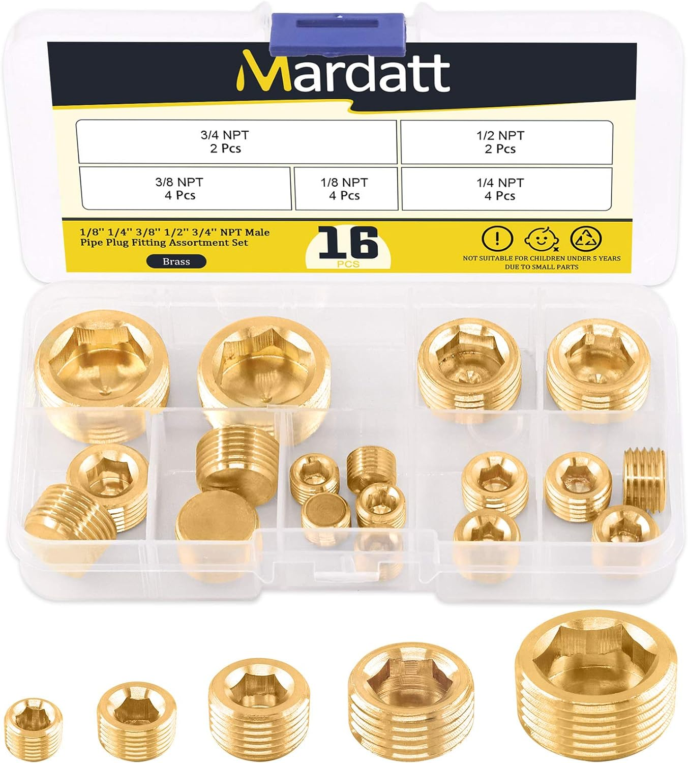 16Pcs 5 Sizes Brass NPT Plug Assortment Kit, 1/8" 1/4" 3/8" 1/2" 3/4" Internal Hex Counter Sunk Pipe Fitting Male Thread Pipe Plug Set image number 2