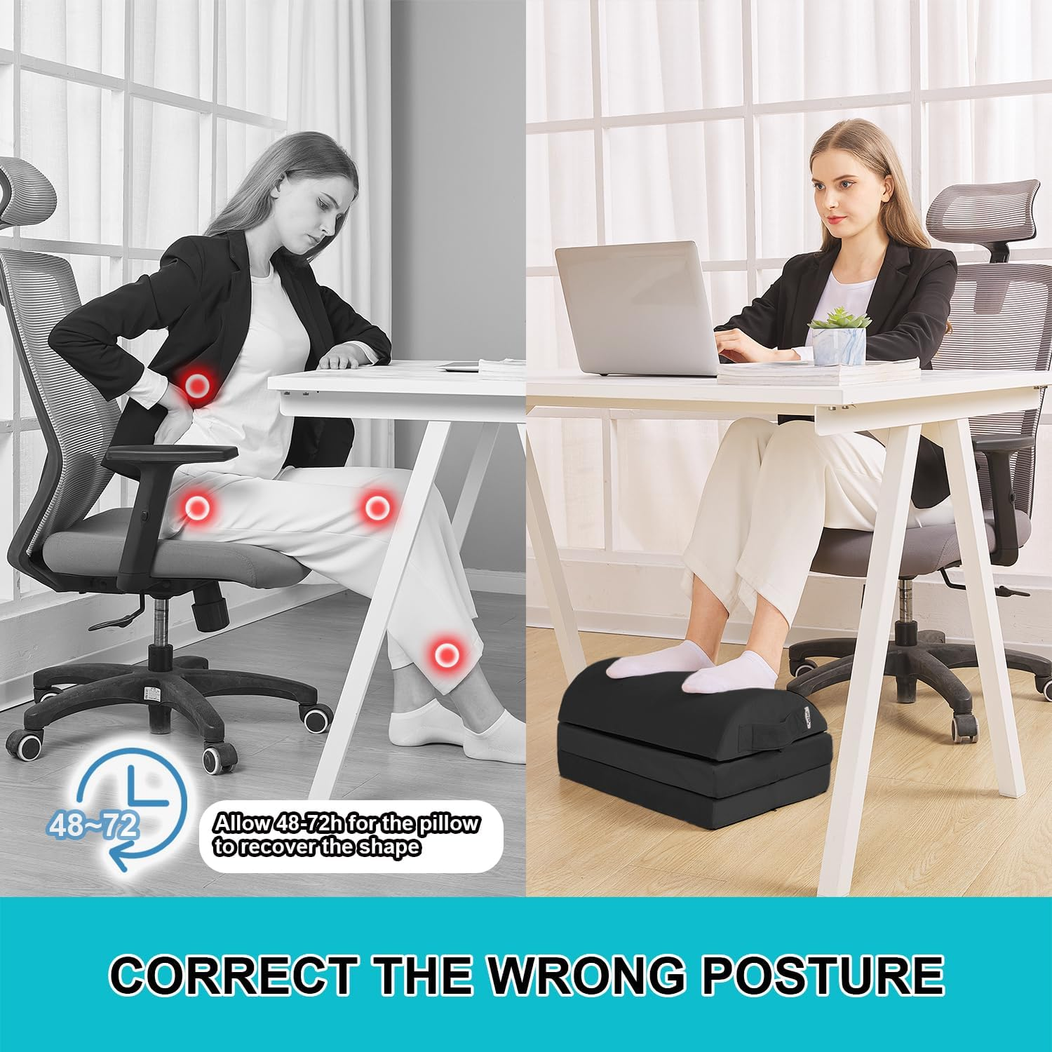 Large Size Foot Rest for under Desk with 3 Adjust Heights- Memory Foam Foot Stool - Back, Lumbar, and Knee Pain Relief - Perfect for Office, Home, Working and Gaming Use (Black) image number 6