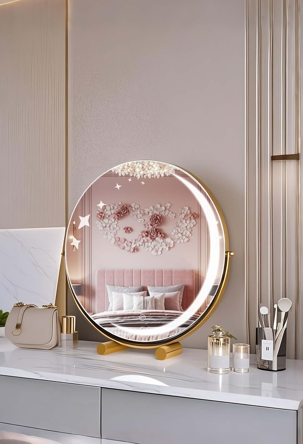 LED Vanity Mirror with Starry Sky Lights Crescent Moon 3-Color Adjustable Makeup Mirror round HD Mirror for Girls (Starlight,Gold 30Cm)