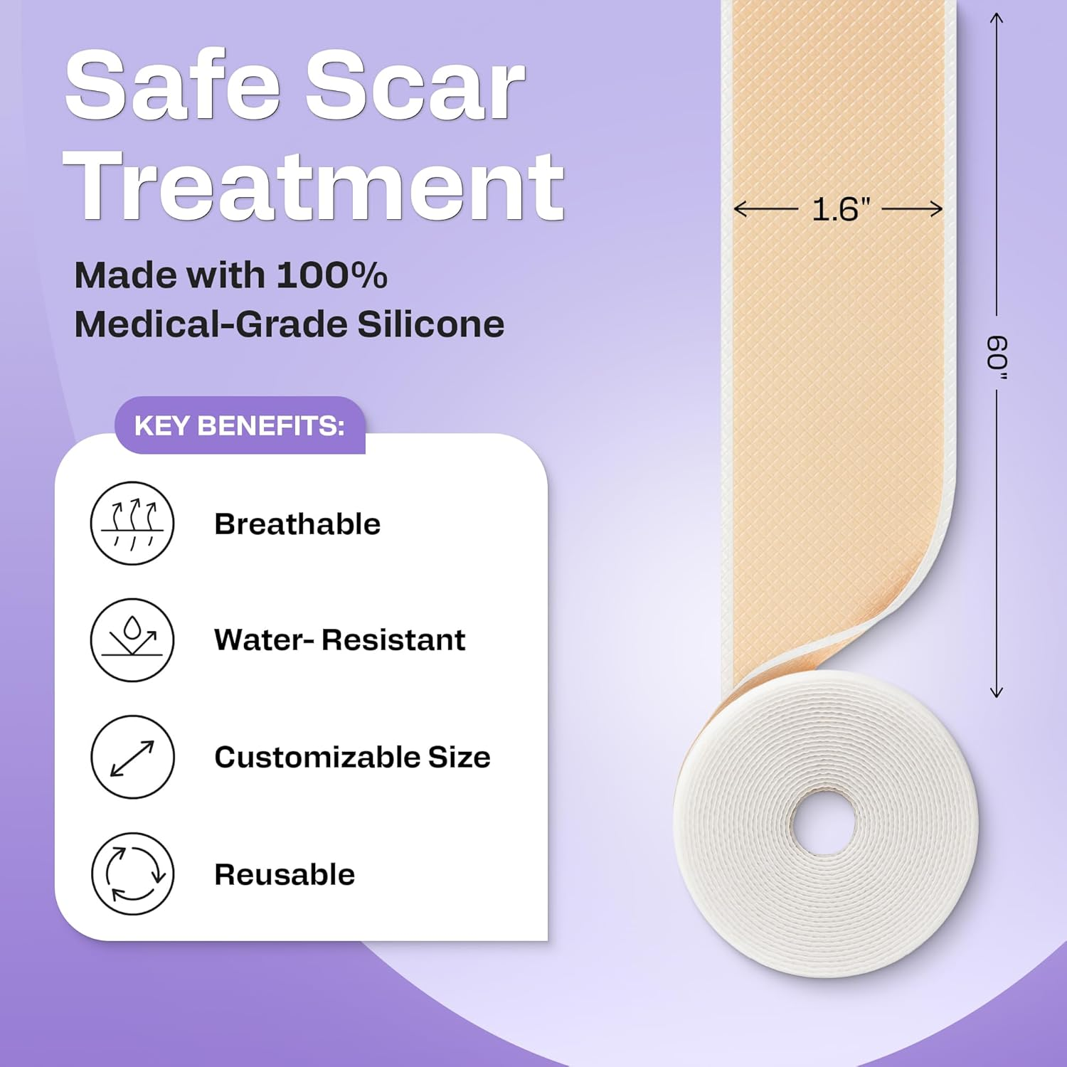AWD Medical 100% Soft Silicone Gel Tape (1.6" X 60") Highly Comfortable Painless 6-8 Month Supply Acne Scar Treatment C Section Keloid Surgery Premium Hospital Medical Grade (4.1Cm X 150Cm )