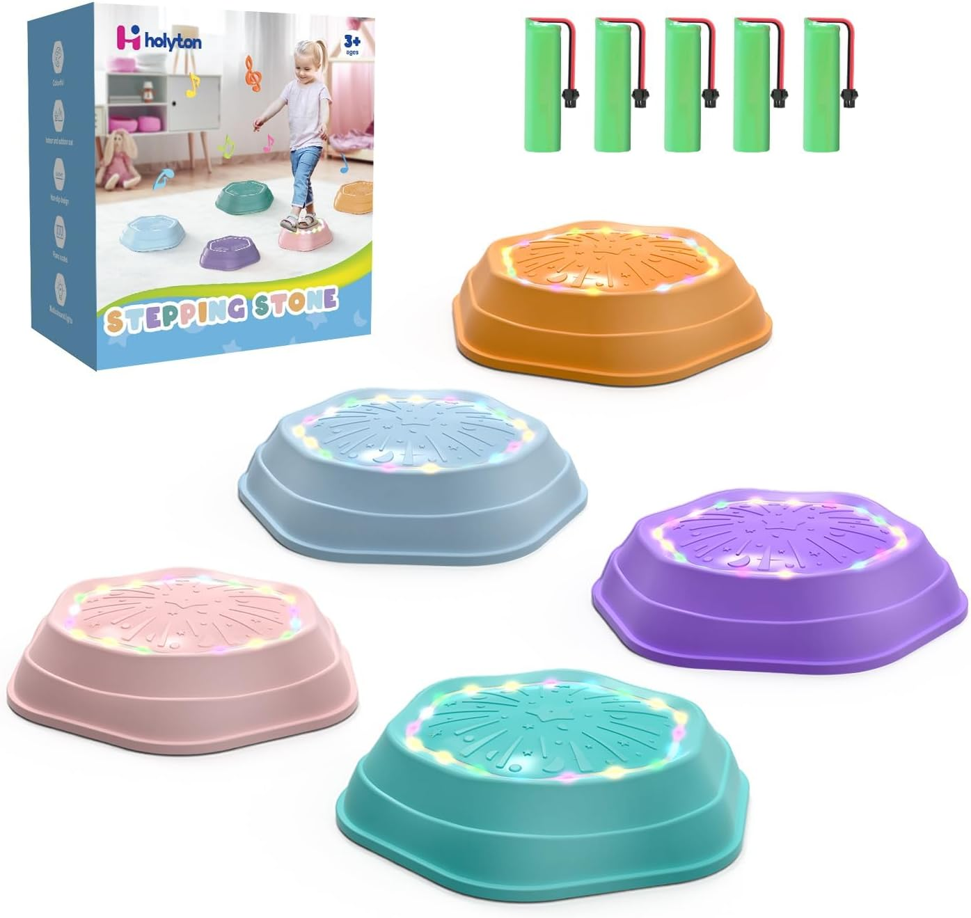 Holyton Light-Up Musical Stepping Stones for Kids, 5-Piece Set, Non-Slip Sensory Balance Stones for Toddlers, Indoor & Outdoor Play, Perfect for Ages 3+ image number 5