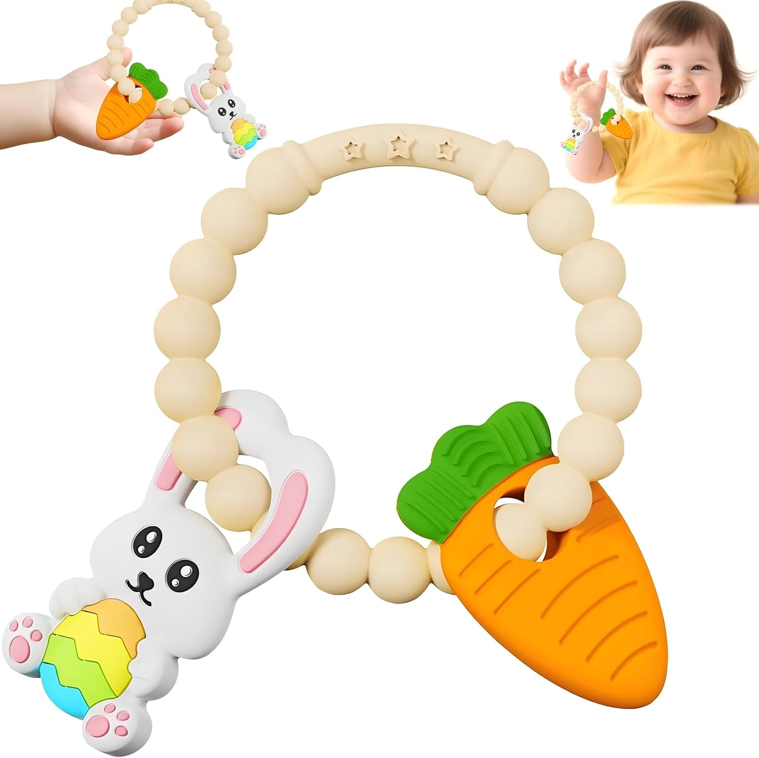 Baby Teething Ring Toys - Bunny Easter & Carrot Teethers for Newborns, Infants & Toddlers, Sensory Chew Bracelet for Teething Relief &ndash; Best Baby&rsquo;S First Christmas Easter Basket Stuffers image number 3