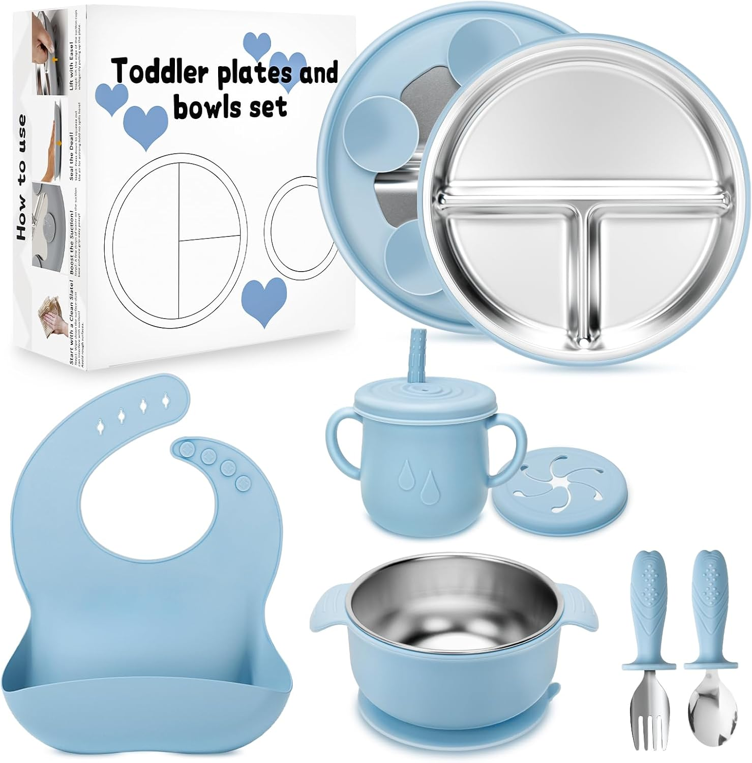 6-Piece Baby Stainless Steel Feeding Set - Bowl, Plate, Cup, Spoon, Fork & Bib | 100% Food-Grade 304 Steel with Removable Silicone Sleeves | Dishwasher-Safe Toddler Tableware (Blue)