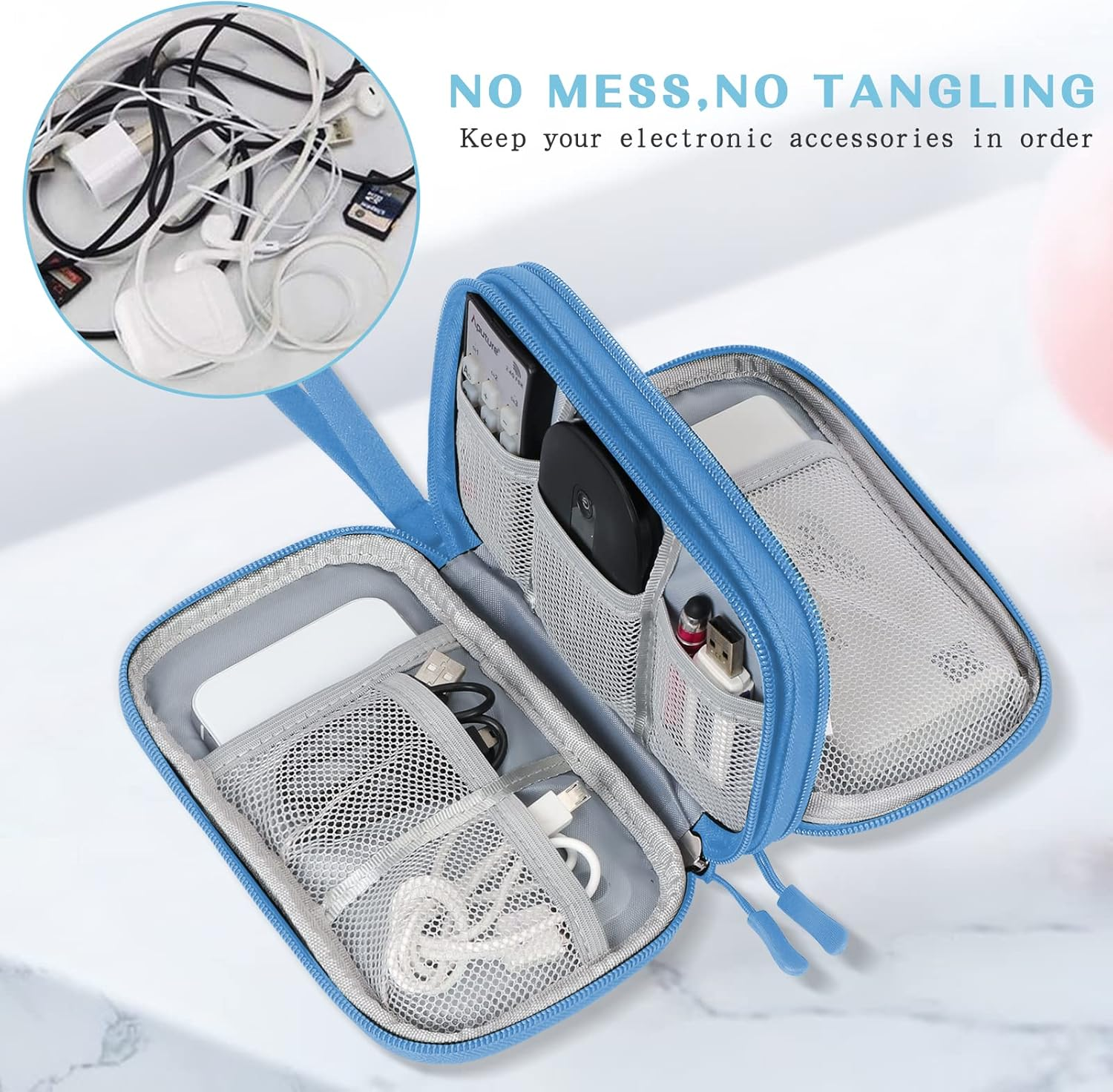 FYY Electronic Organizer, Travel Cable Organizer Bag Pouch Electronic Accessories Carry Case Portable Waterproof Double Layers Storage Bag for Cable, Cord, Charger, Phone, Earphone, Medium Size, Blue