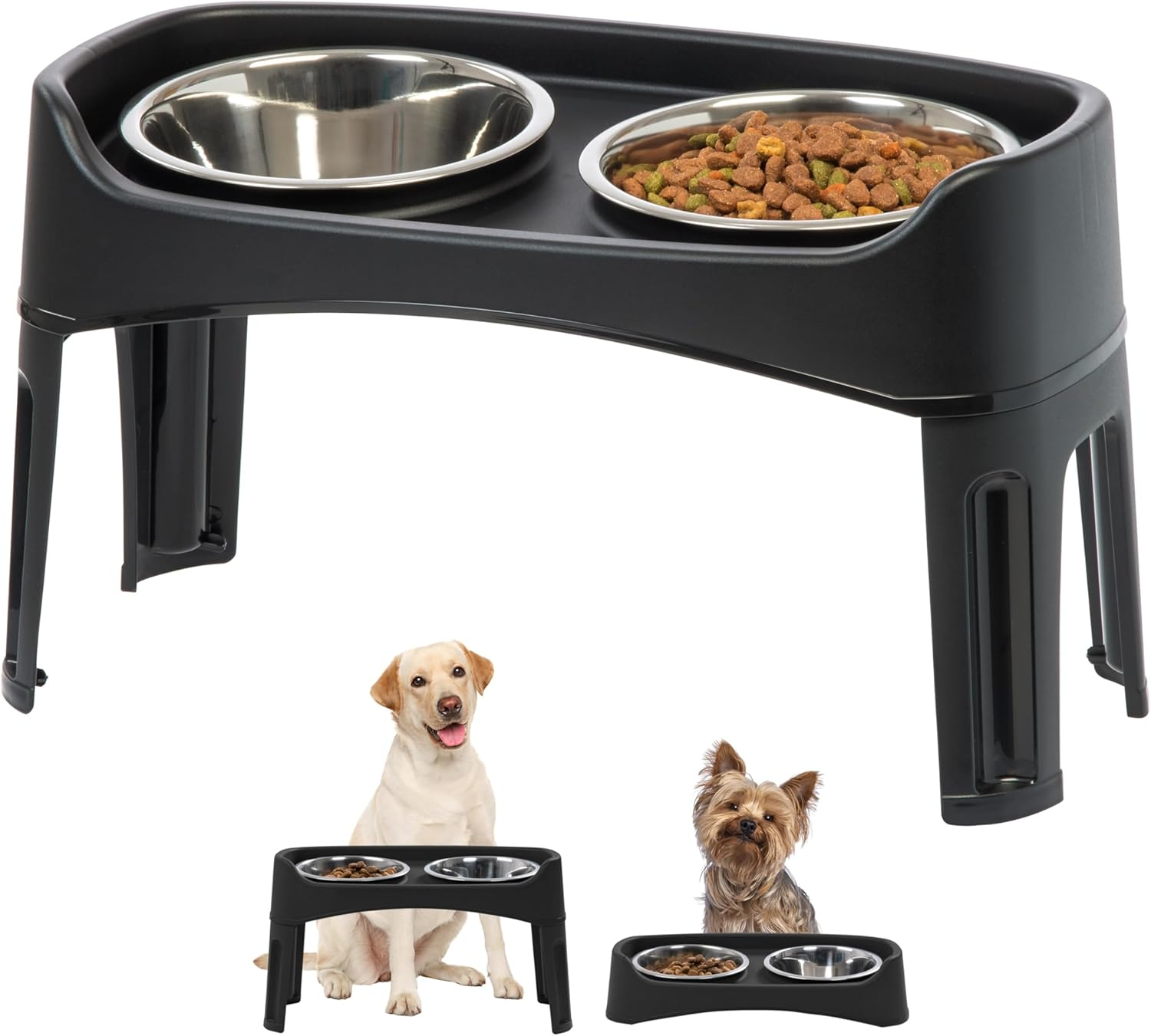 IRIS USA Elevated Dog Bowls, 15" H Raised Bowl for Large Dogs, Airtight Pet Food Storage Holds up to 47 Lbs, 2 Removable 64 Oz Stainless Steel Bowls, at Home or Camping, Smoke/Black