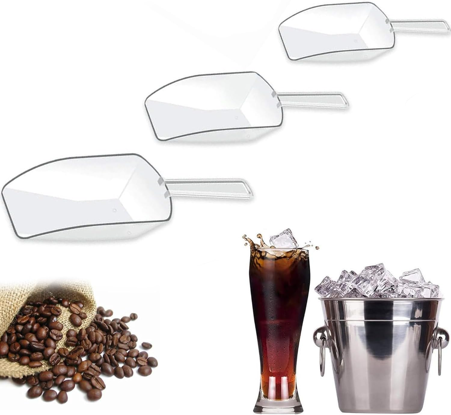 Clear Ice Scoops,3 Pcs Different Sizes Multifunctional PVC Kitchen Scoops for Ice,Dry Foods,Candy,Pop Corn,Coffee Beans and Pet Food