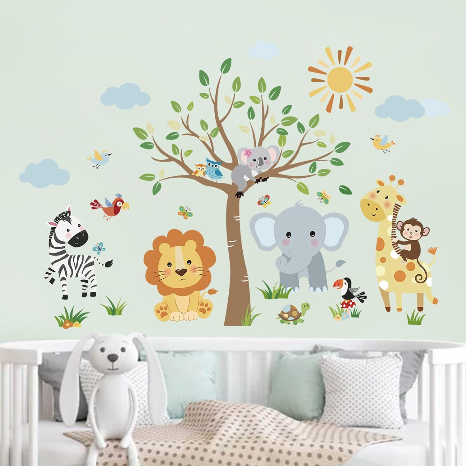Decalmile Forest Baby Animals Wall Decals Elephant Lion Giraffe Wall Stickers Baby Nursery Kids Room Daycare Wall Decor