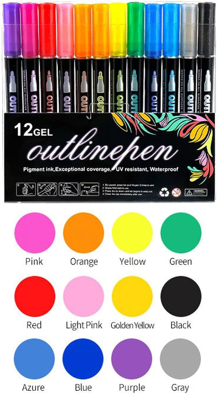 12 Color Metallic Outline Markers，Double Line Glitter Pens for Greeting Cards,Art Drawing, Cards & Crafts (12) image number 5