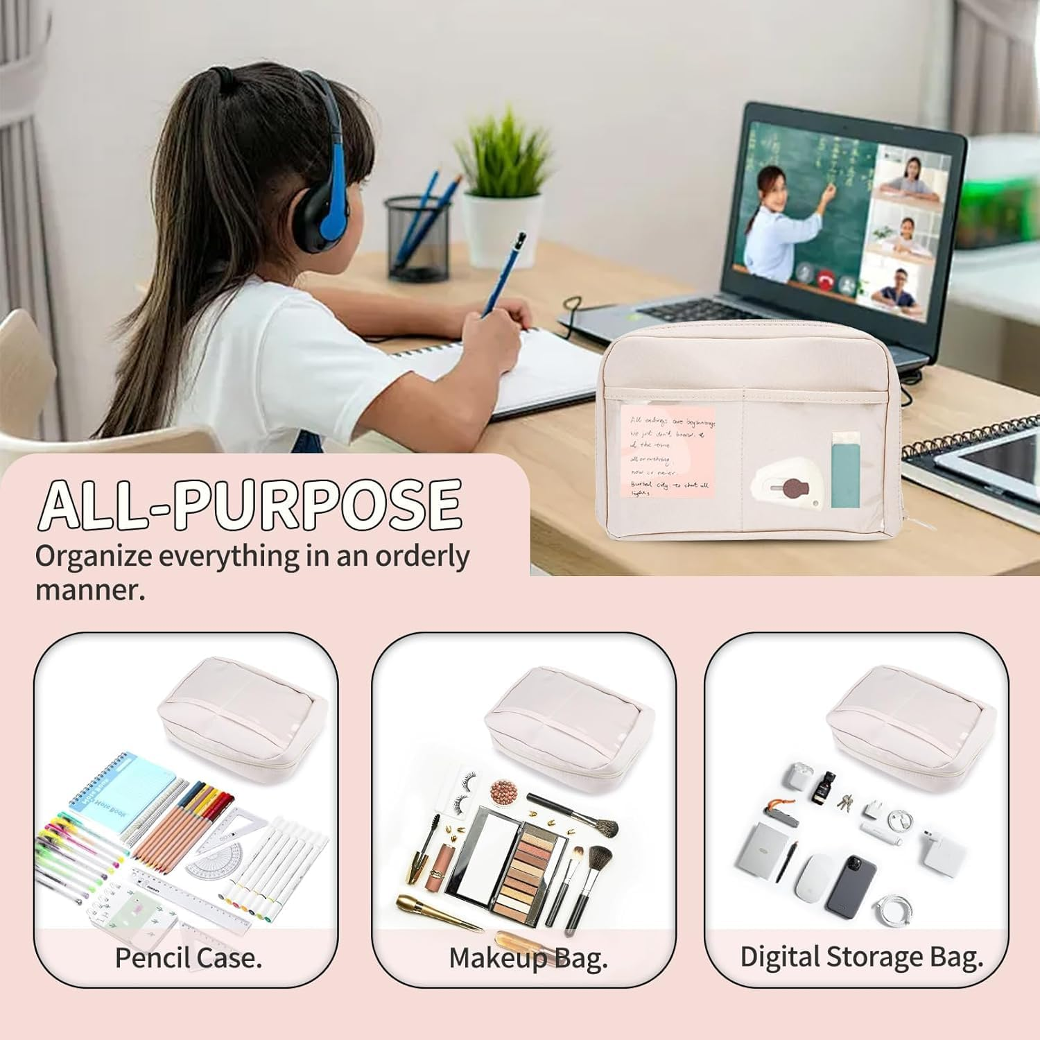 Limcryspp 1 Piece Large Capacity Pencil Case, Large Pencil Case, College Pencil Case, School Pencil Case, Pencil Case with Lattice (White)