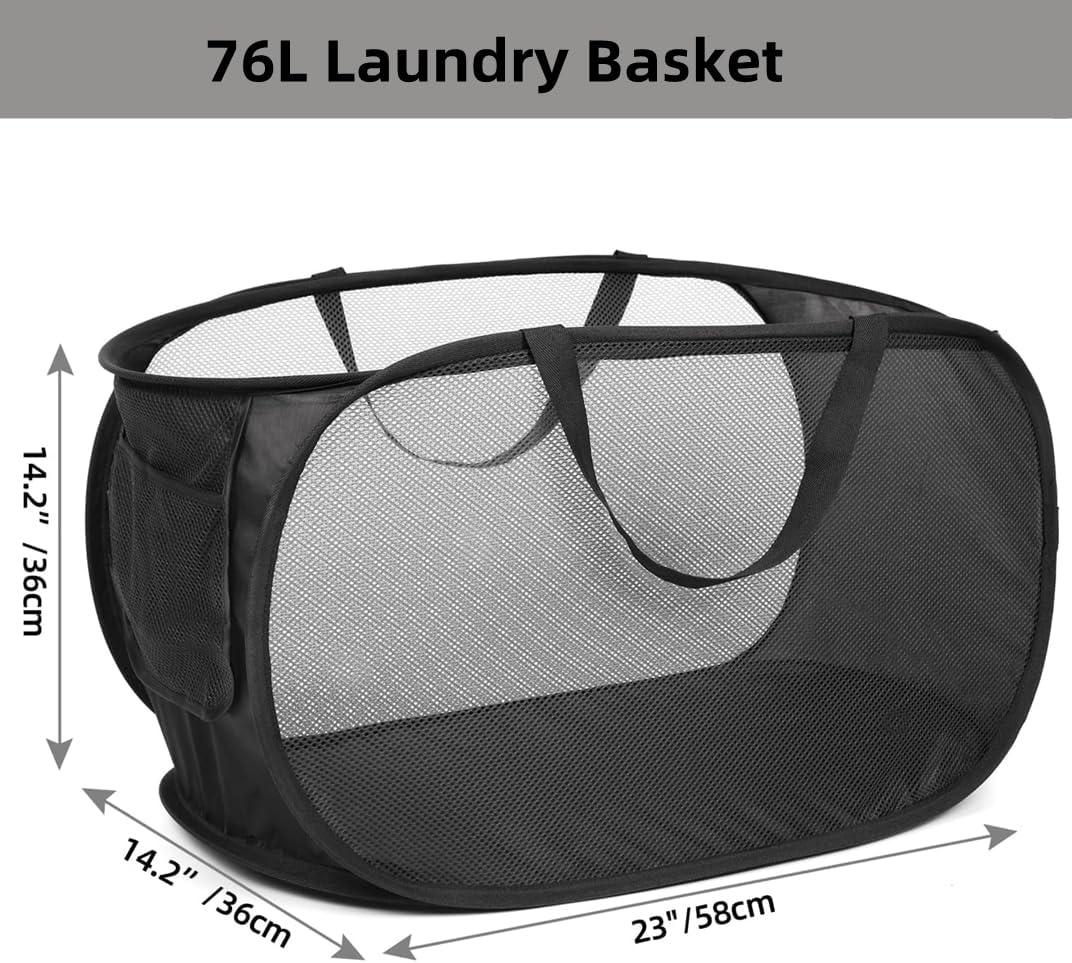 IREES Durable Collapsible Laundry Baskets, 2PCS Mesh Pop up Laundry Hamper,Lightweight Mesh Basket with Reinforced Carry Handles for Laundry, Dormitories, Families, Travel, and Camping (Black) - Blue image number 5