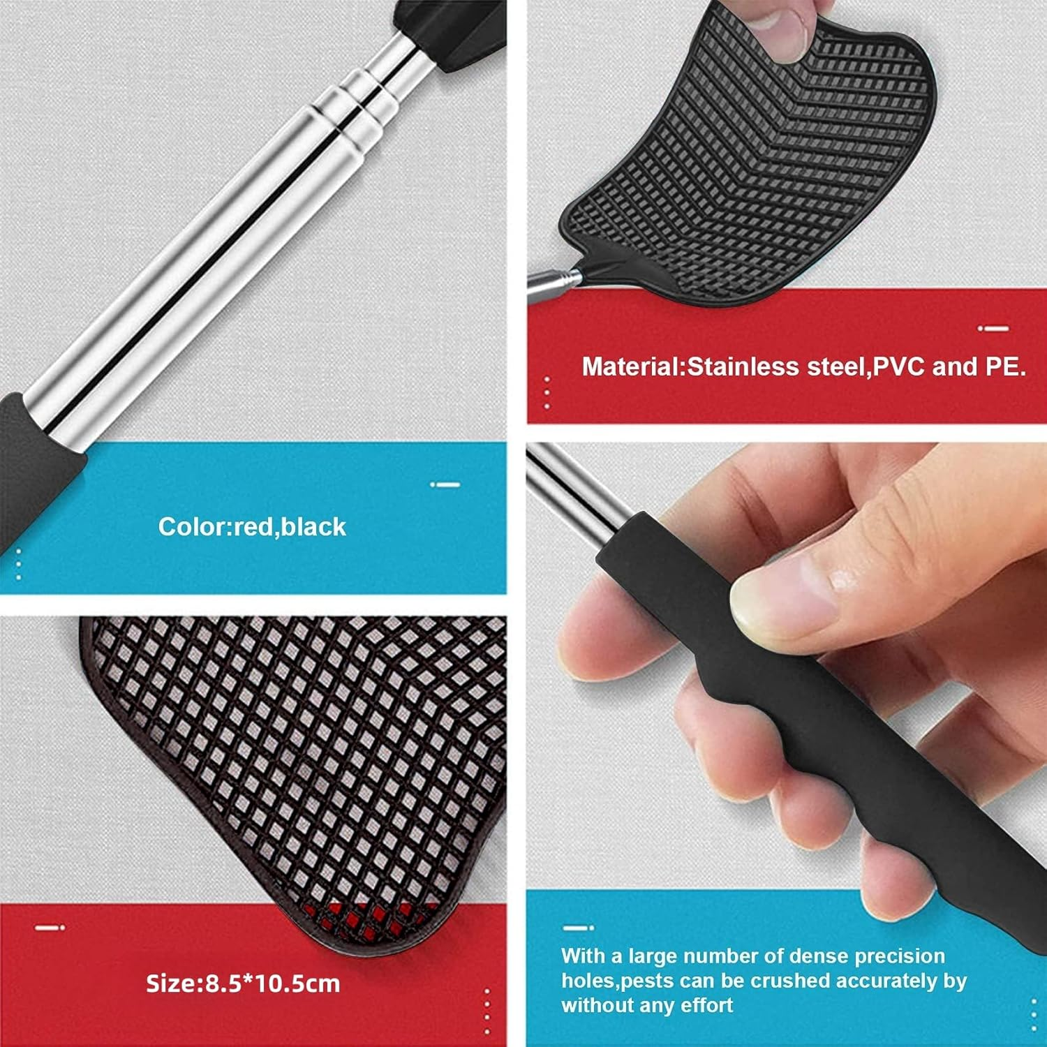 2 Pieces Extendable Fly Swatter, Plastic Fly Swatter, Manual Fly Killer for Controlling Flies, Mosquitos, Wasps, Pests (Black and Red)