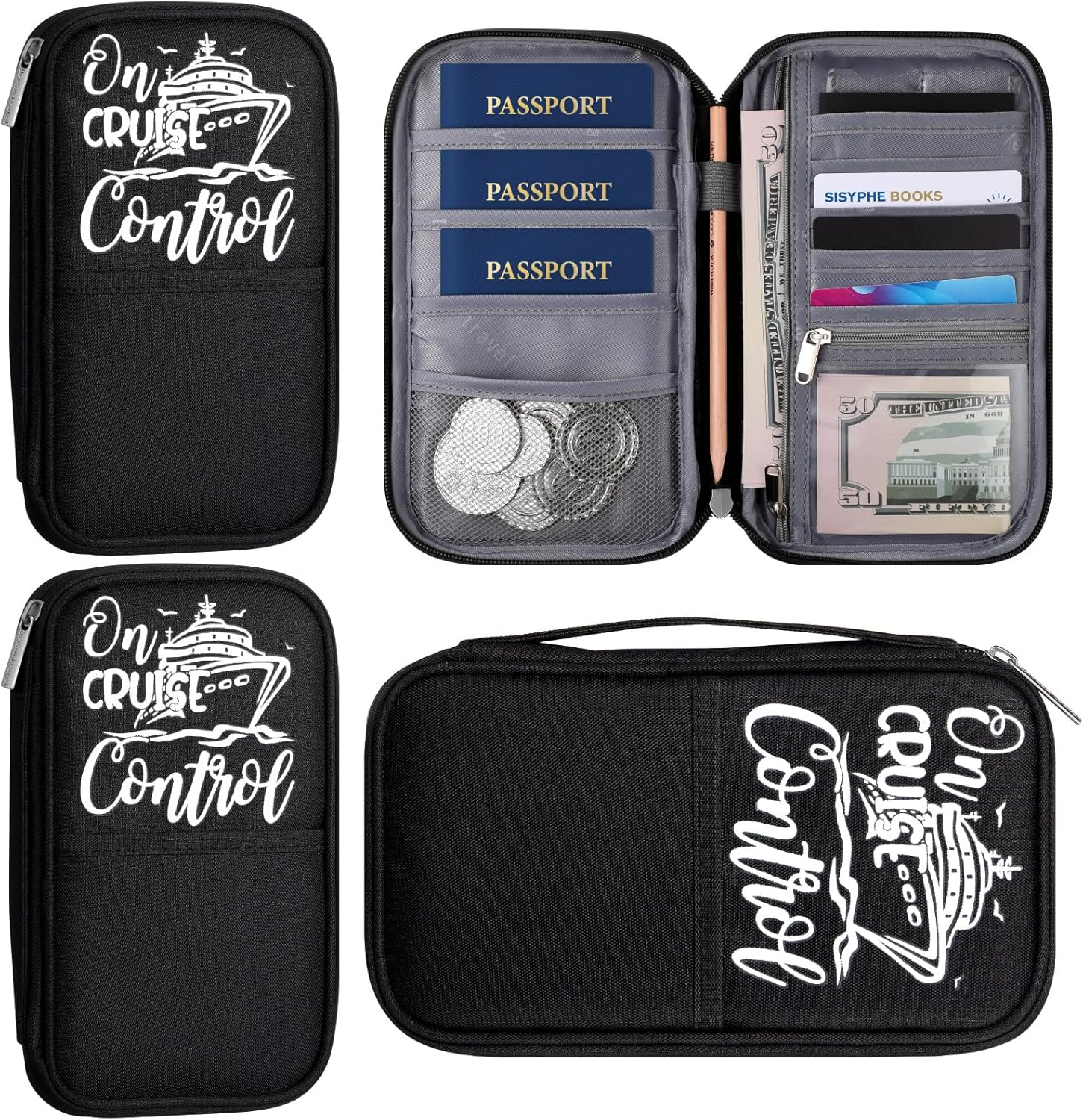 Sadnyy 2 Pcs Passport Holder Travel Cruise Essentials Family Document Organizer Waterproof Passport Wallet Holders Bag Zippered for Women Men, Black image number 5