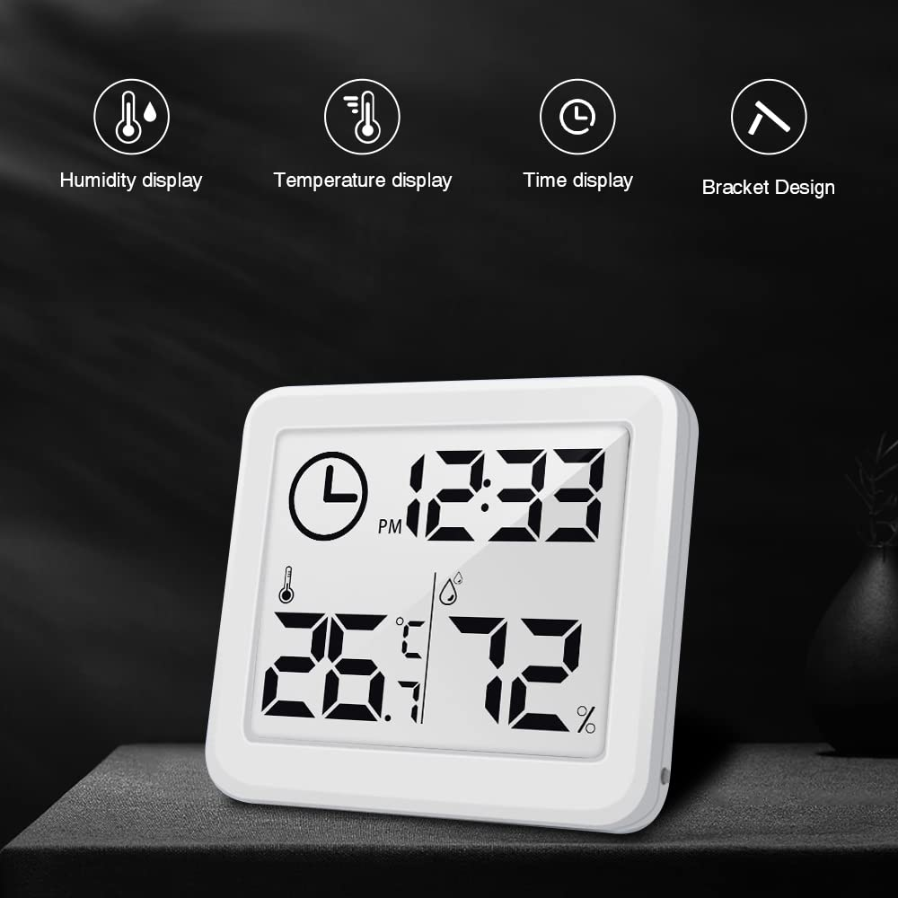 [2 Pack] 3.2 Inch Digital Indoor Hygrometer Thermometer, Room Humidity Gauge with Time Clock, High Accuracy Temperature Humidity Monitor with Magnet for Home Office Baby Room Greenhouse White image number 2