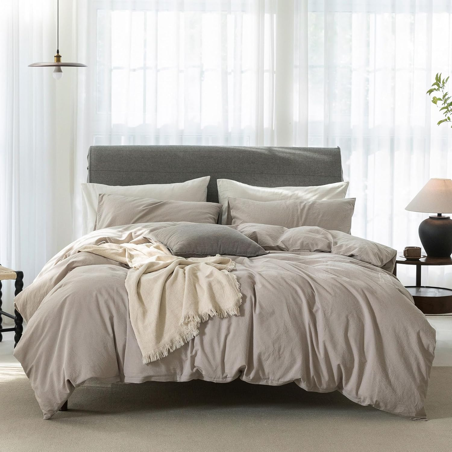 ELIMMO Duvet Cover Set Linen Texture 100% Cotton Fabric Durable Breathable Natural Dreamy Chic Feel (Forest Green, Queen)