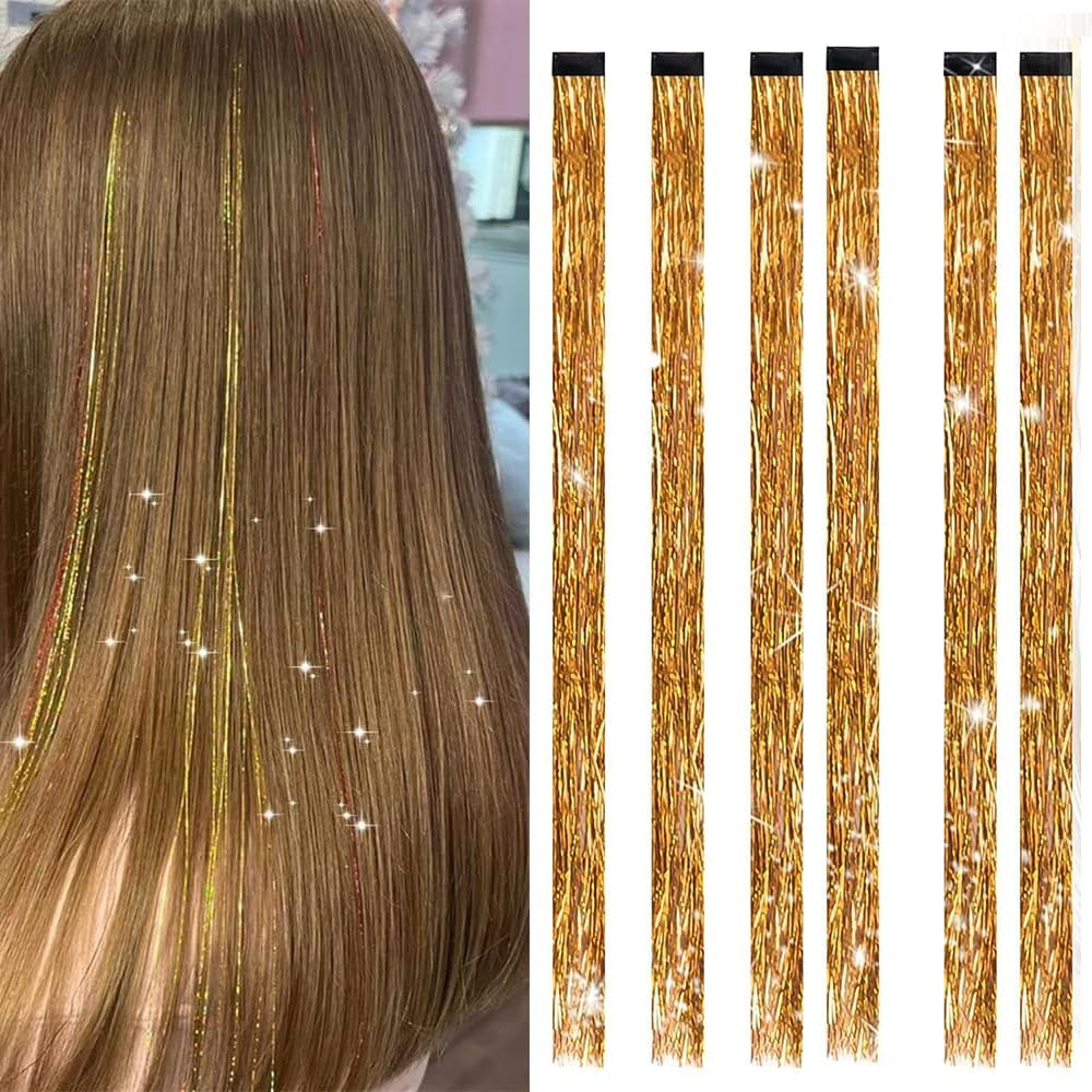 Hair Tinsel Blue 1200 Strands 48 Inches Sparkling Tinsel Hair Extensions, Fairy Hair Tinsel for Birthday Halloween Christmas New Year Party