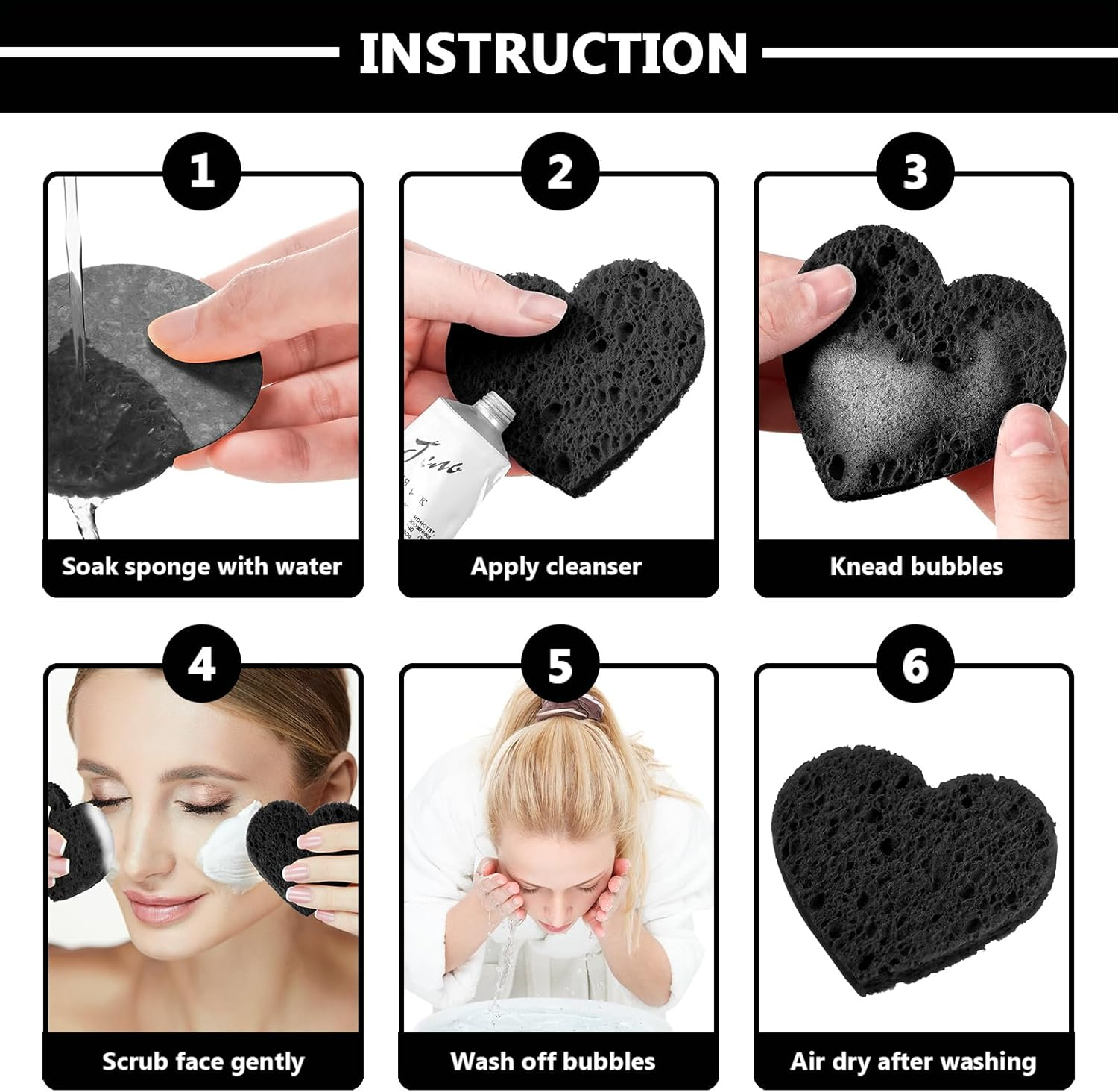Nuenen 60 Pieces Facial Sponges with Container, Heart Shape Compressed Face Sponges Natural Cleaning Pads for Washing Face Cleaning Exfoliating Esthetician Makeup Removal(Black) - Black image number 3