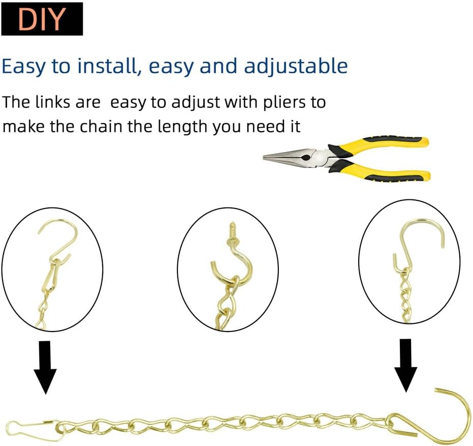 236 Inch Gold Hanging Baskets Chains - Adjustable Length, Brass Decorative Metal Chain with a Great Assortment of Hooks for Hanging Bird Feeders Planters Baskets Billboards Ornaments, Chain Hooks DIY image number 2