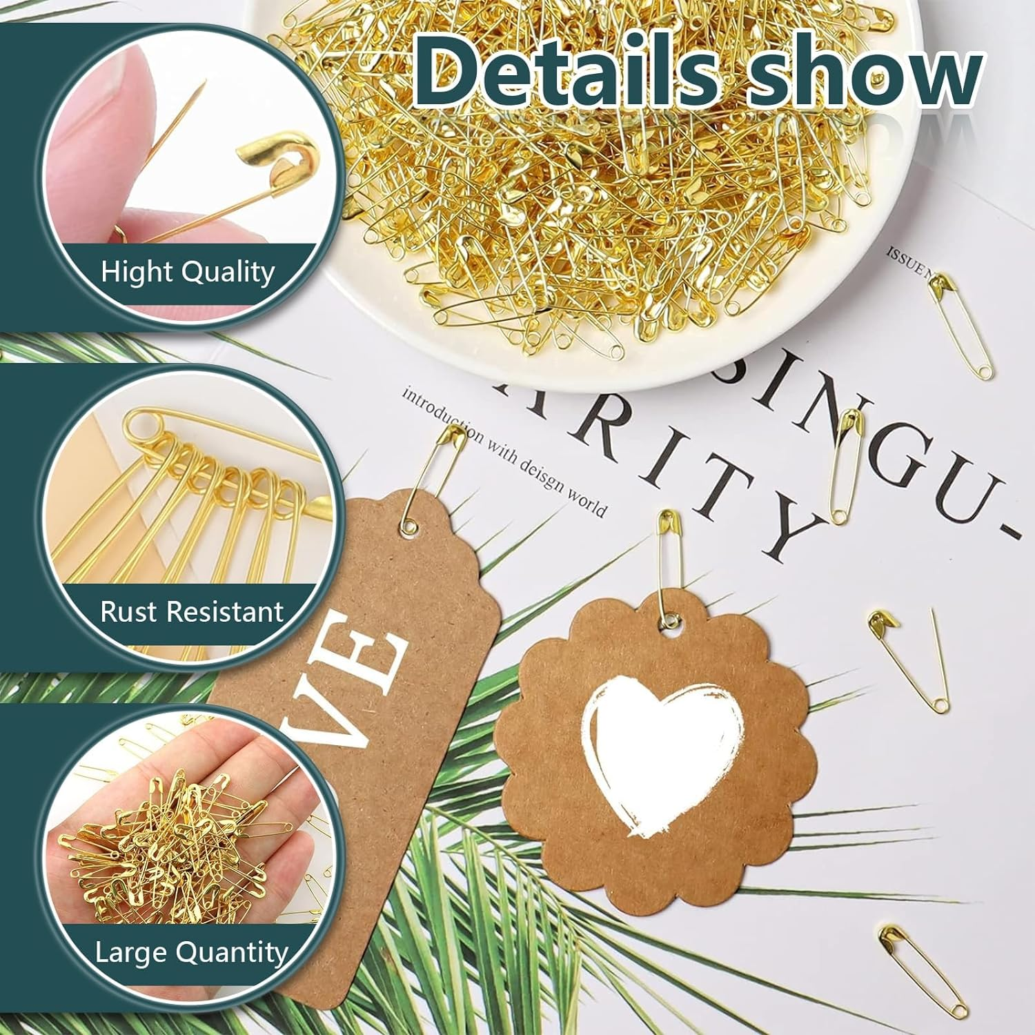 Safety Pins, 50Pcs Large Size Safety Pins Pack, 45Mm/1.7Inch Strong and Heavy Duty Nickel Plated Safety Pin for Clothes, Leather, Canvas, Blankets (Gold) image number 2