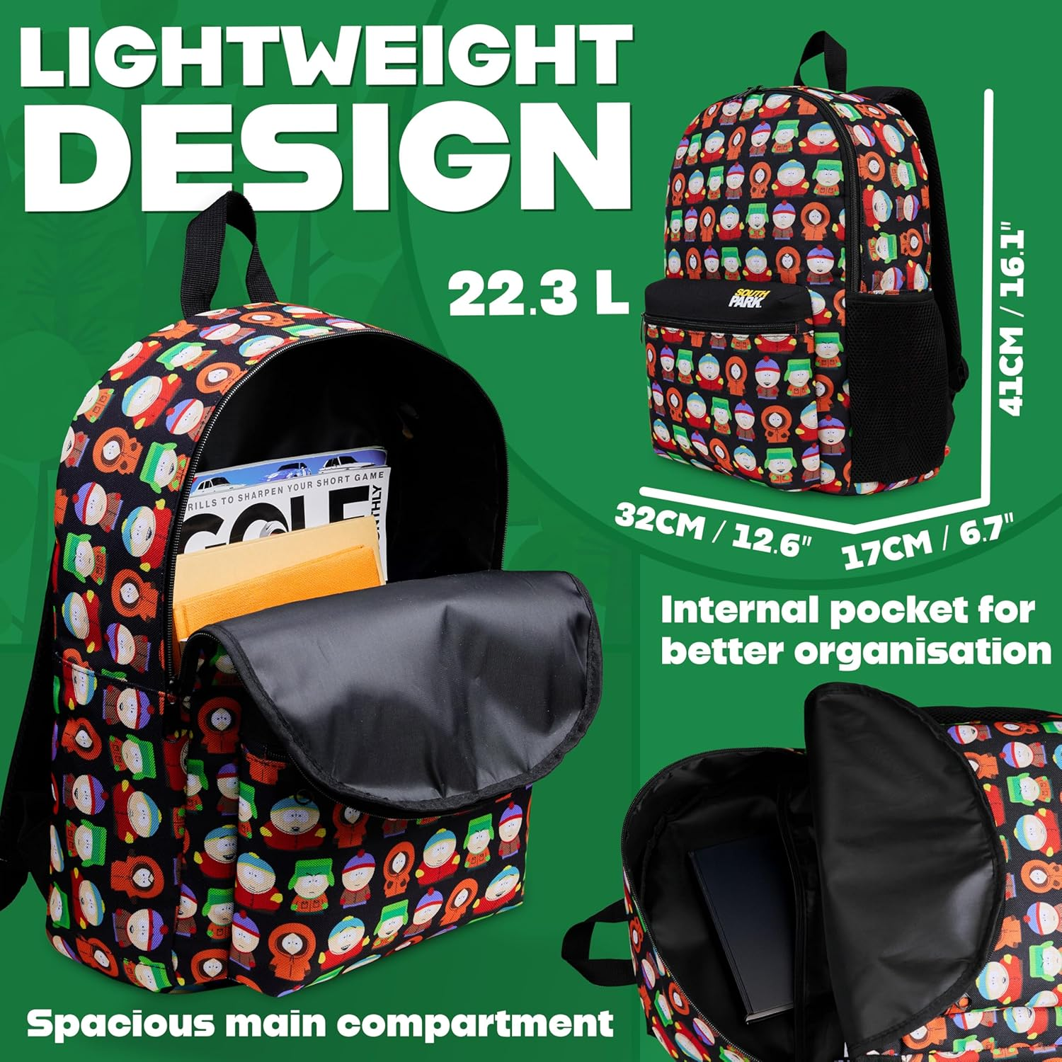 South Park Backpack for Boys Teens Travel Rucksack Gym Mens Work Bag Stan Kenny Eric Daypack for University School Funny Gifts image number 3