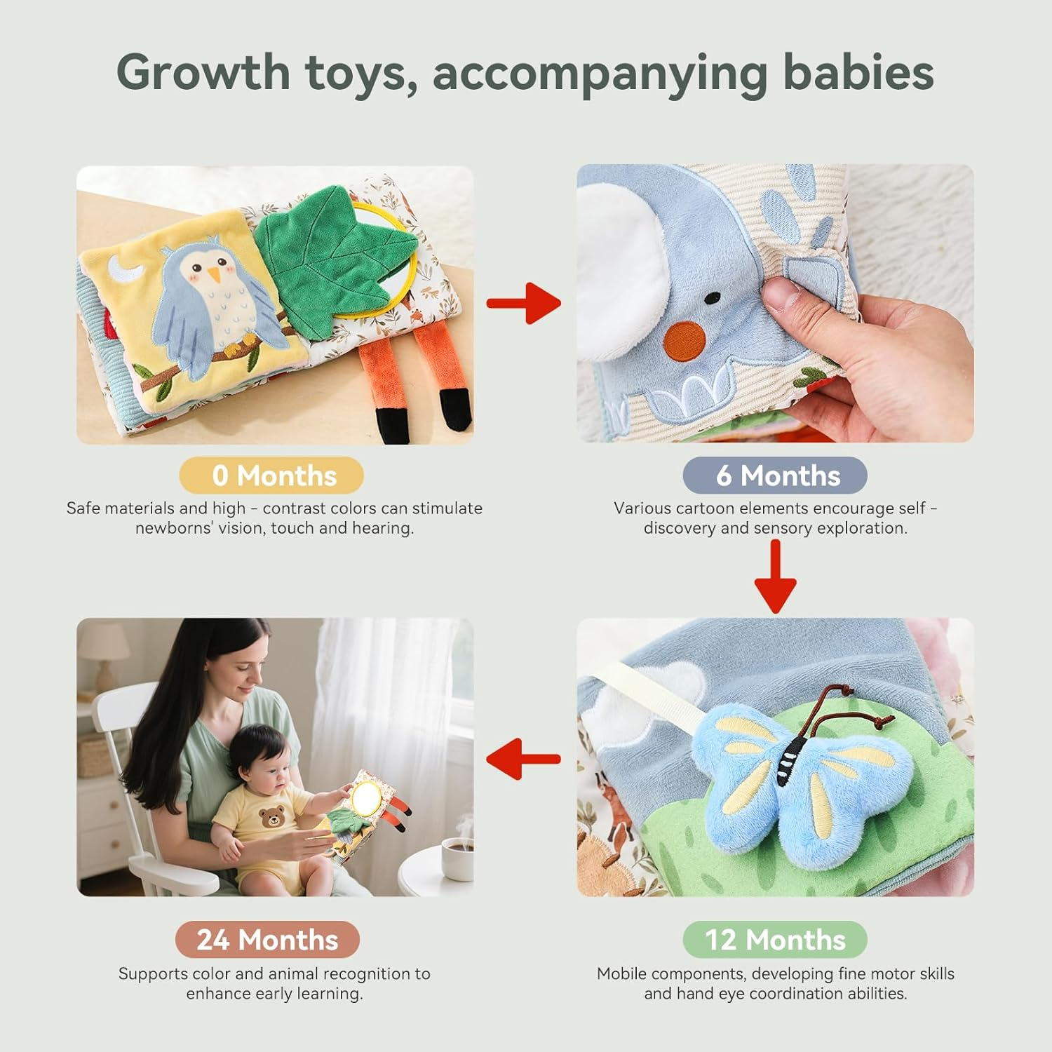 EERKEOD Baby Cloth Book Toys Montessori Baby Book Toy Animal Sensory Stroller Toy Non-Toxic Crinkle Washable Early Education for Baby Infant Toddler image number 1
