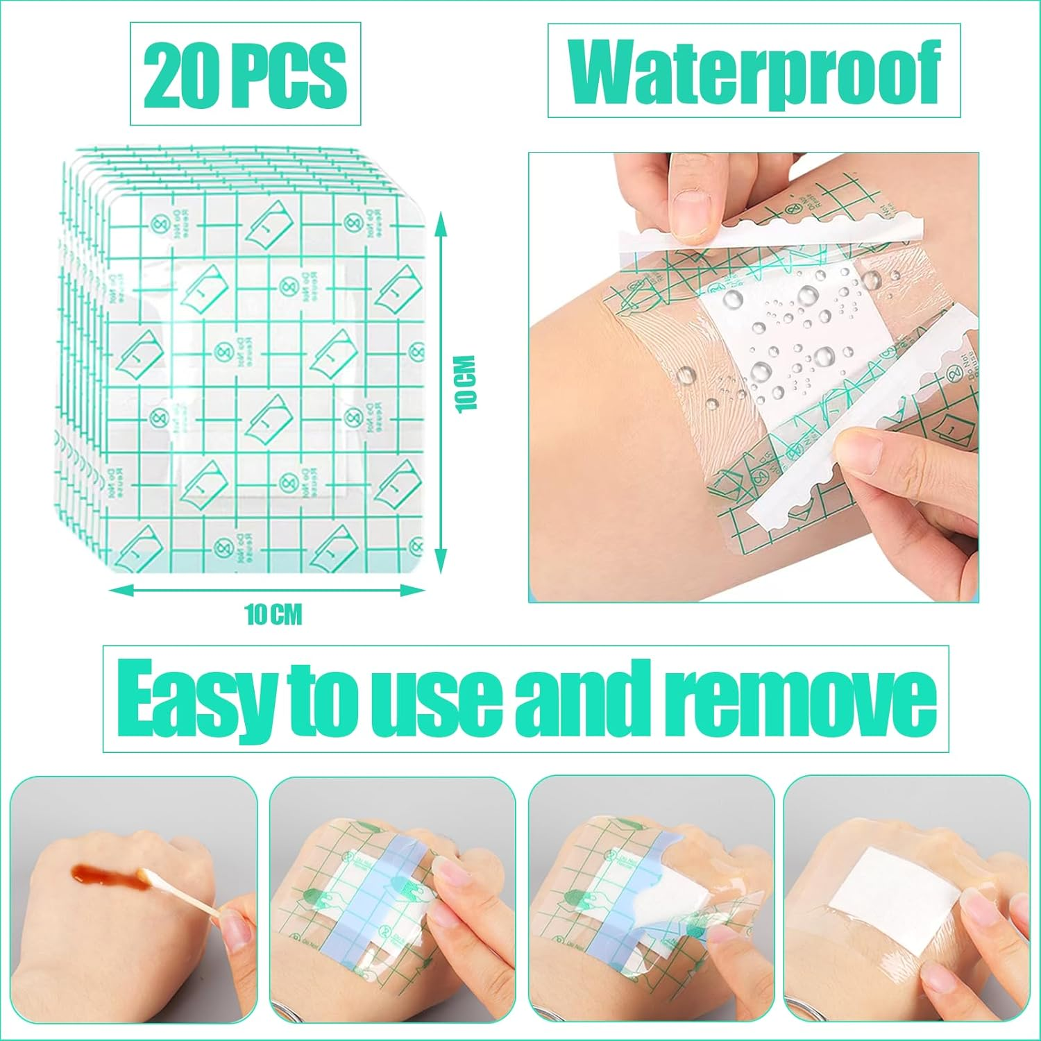 Waterproof Wound Dressings,Sterile Dressing Pad Adhesive Bandage Patches,Individually Wrapped,10Cmx10Cm,20Pcs