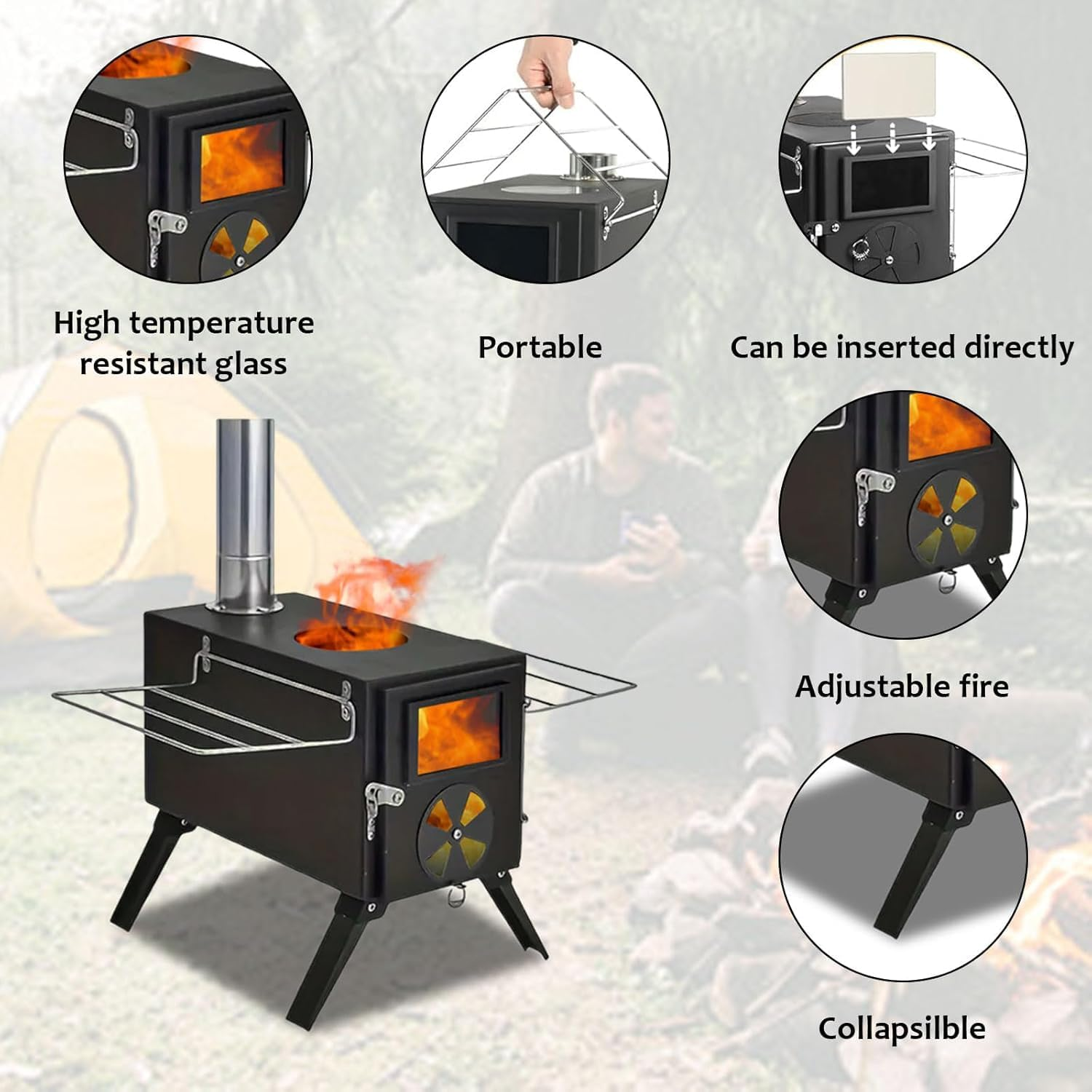 Ruaizel Portable Carbon Steel Firewood Stove, Camping Wood Stove with Chimney Pipes, Foldable Camping Stove, Hot Tent Stove for Cooking Heating Drying Clothes image number 2