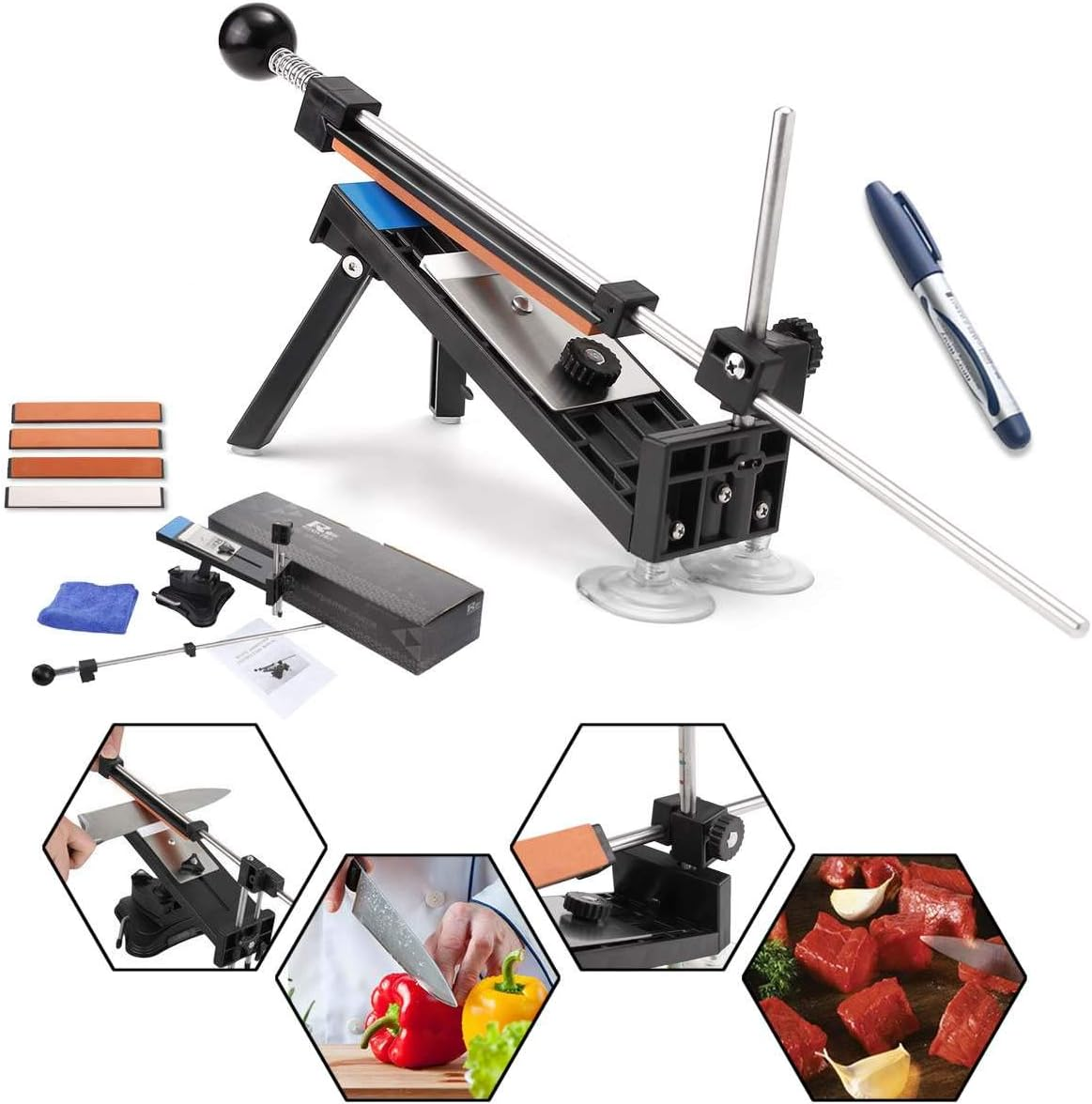 Meichoon Knife Sharpener System Professional Stainless Steel Kitchen Chef Fixed-Angle Sharpening Tools Kit with 4 Whetstones,Ue12 image number 6