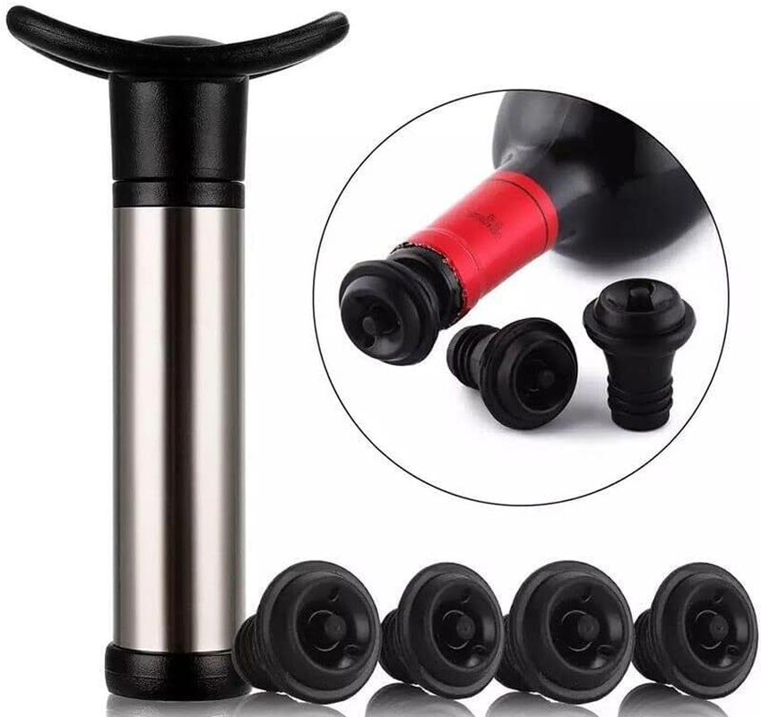 AIMALL Wine Saver Vacuum Pump Sealer Preserver Set with 4 Valves Air Bottle Stoppers, Leak-Proof Design, Black image number 2