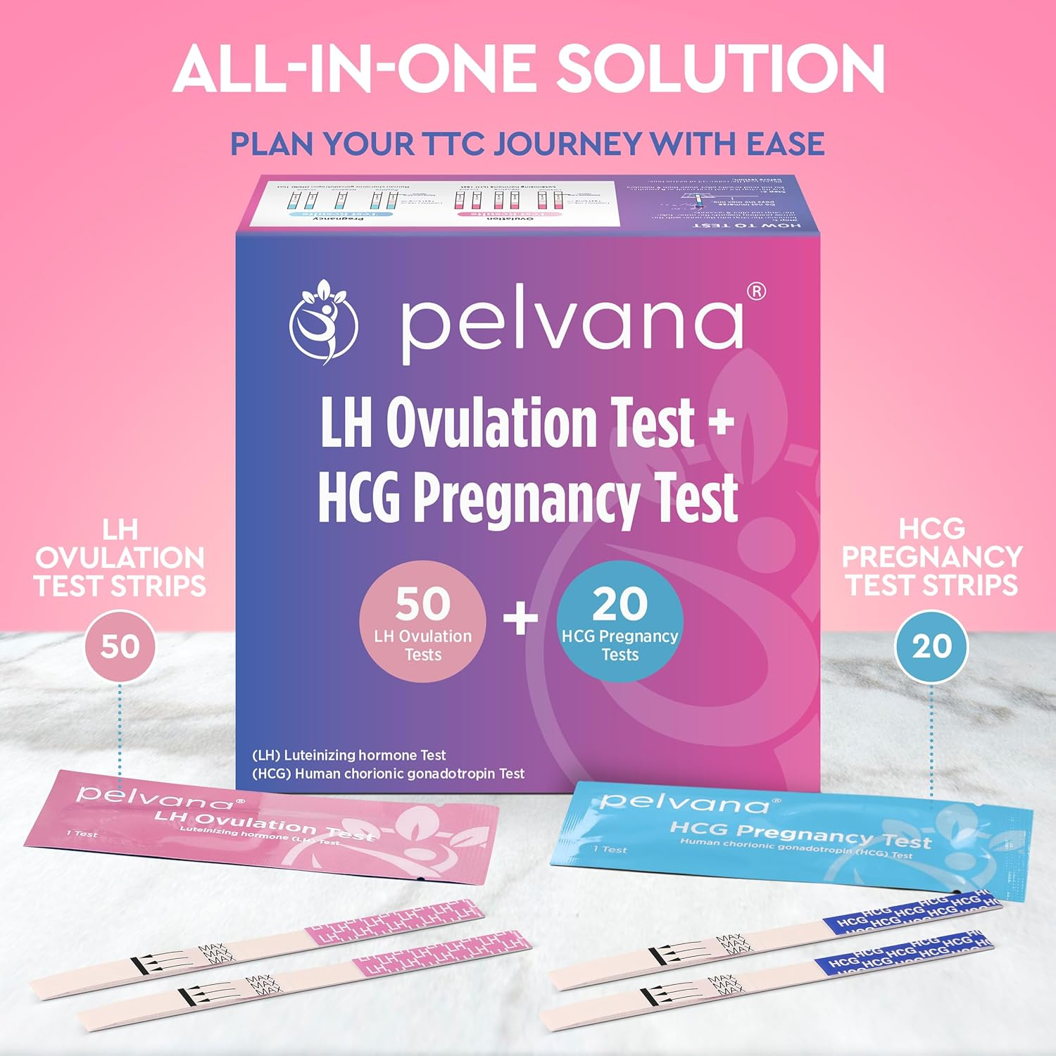 Pelvana Ovulation and Pregnancy Test Strip Combo Kit 50 LH Ovulation Tests + 20 HCG Pregnancy Tests image number 2