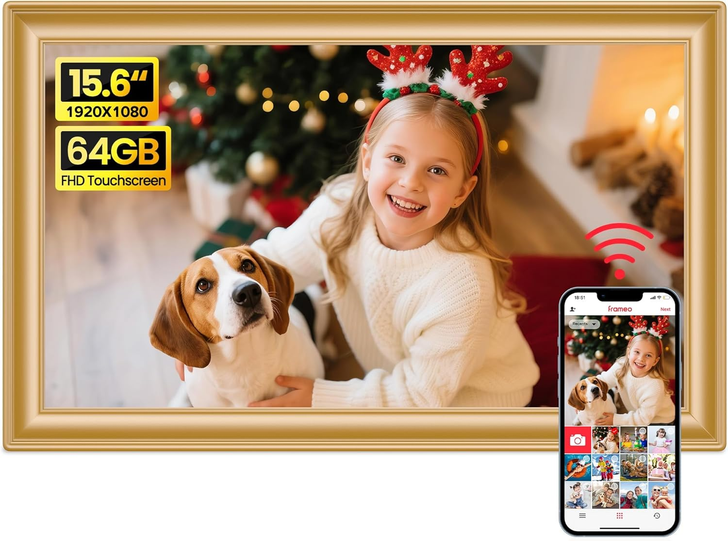 64GB 15.6 Inch Frameo Digital Picture Frame White, Large Electronic Photo Frames Wifi 1920 X 1080 IPS FHD Touch Screen, Send Photos from Your Phone from Anywhere, Best Gifts for Family and Friends