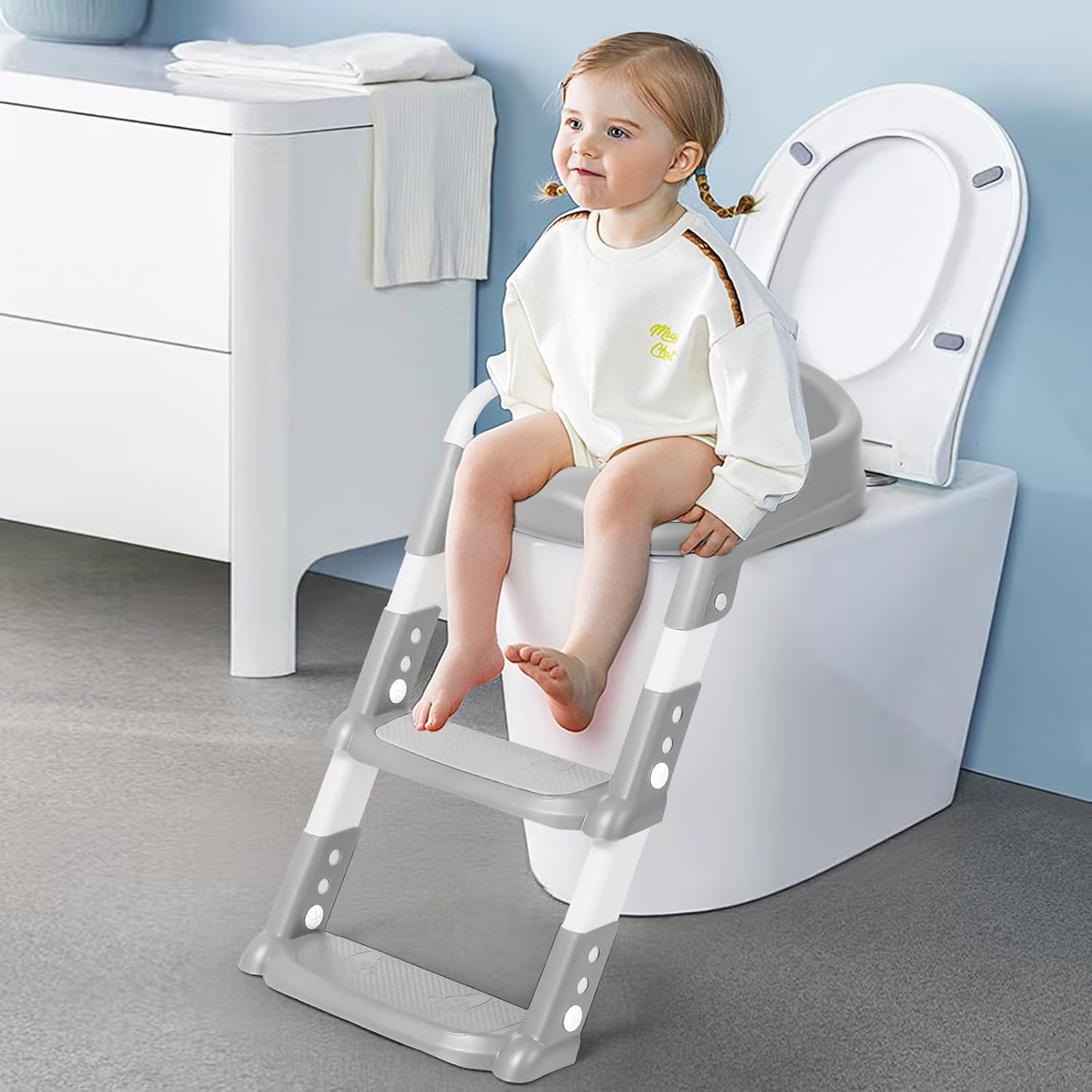 Potty Training Seat with Step Stool Toilet Seat for Kids Boys Girls, Comfortable Safe Potty Toilet Training Seat with Anti-Slip Ladder Soft Cushions (Gray) image number 3