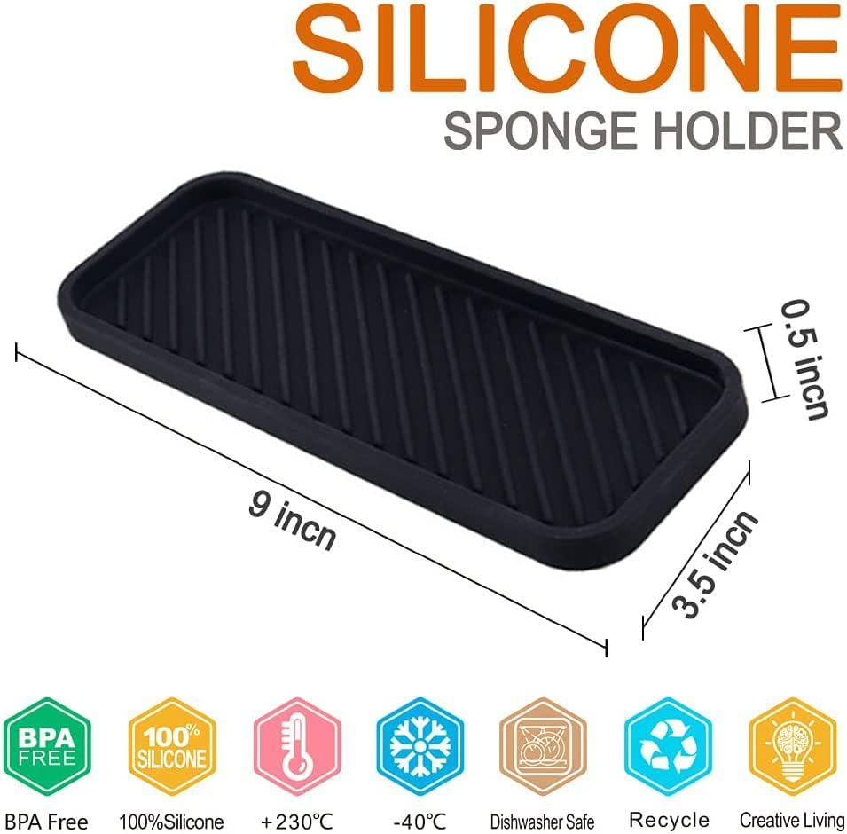 2 Pack Thick Silicone Sponge Holder Kitchen Silicone Soap Tray Sink Tray Bathroom Sink Organizer for Sponge Dish Caddy Dispenser Scrubber Spoon Holder and Other Dishwashing Accessories (Black) image number 2
