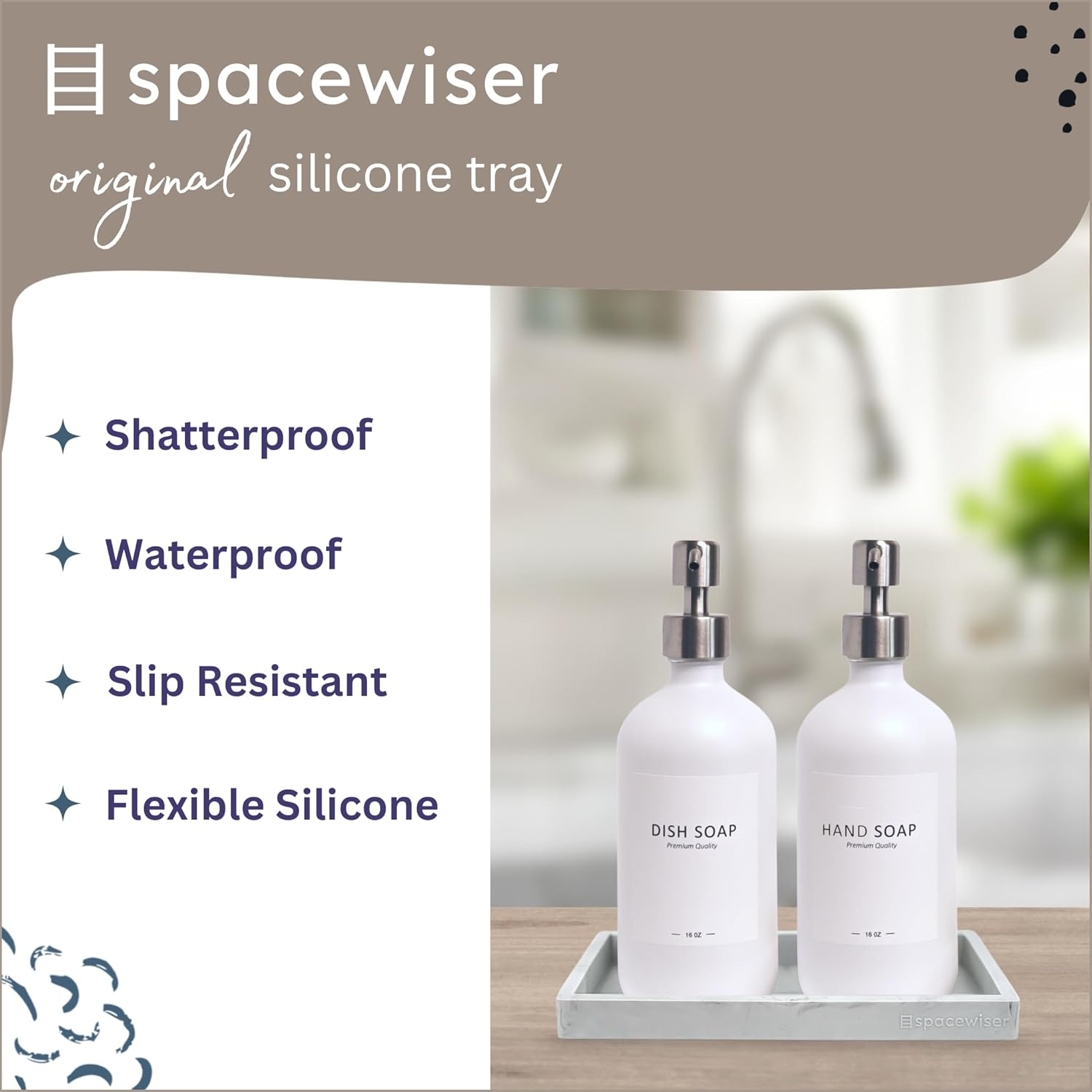 Spacewiser Countertop and Vanity Tray &ndash; Small 7.4" Silicone Soap Dispenser Tray, Shatterproof Flexible Bathroom Tray, Kitchen Sink Tray for Soap Bottles, Key Trinket Ring Tray, Original Silicone Tray image number 6