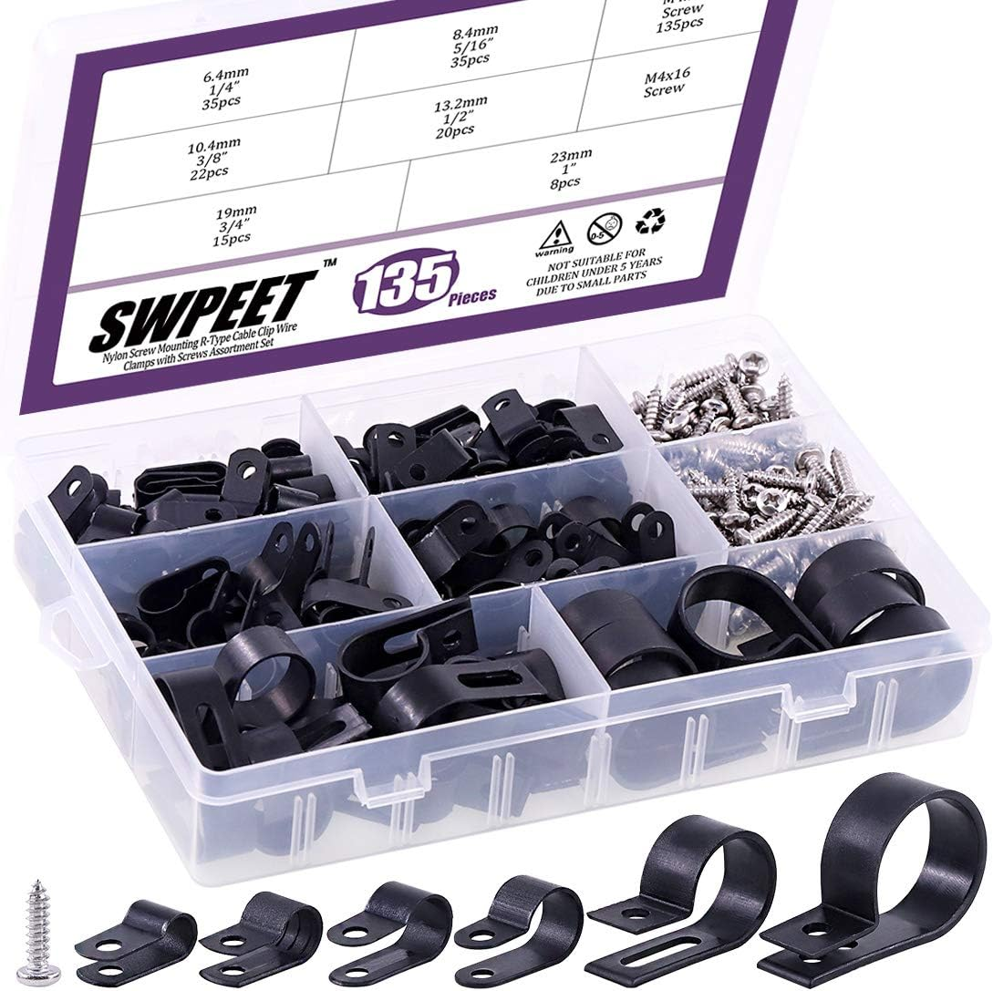 Swpeet 135 Pack 6 Sizes White Nylon Plastic R-Type Cable Clips Clamp Assortment Kit, 1/4" 5/16" 3/8" 1/2" 3/4" 1" Nylon Screw Mounting Cord Fastener Clips with 135 Pack Screws for Wire Management
