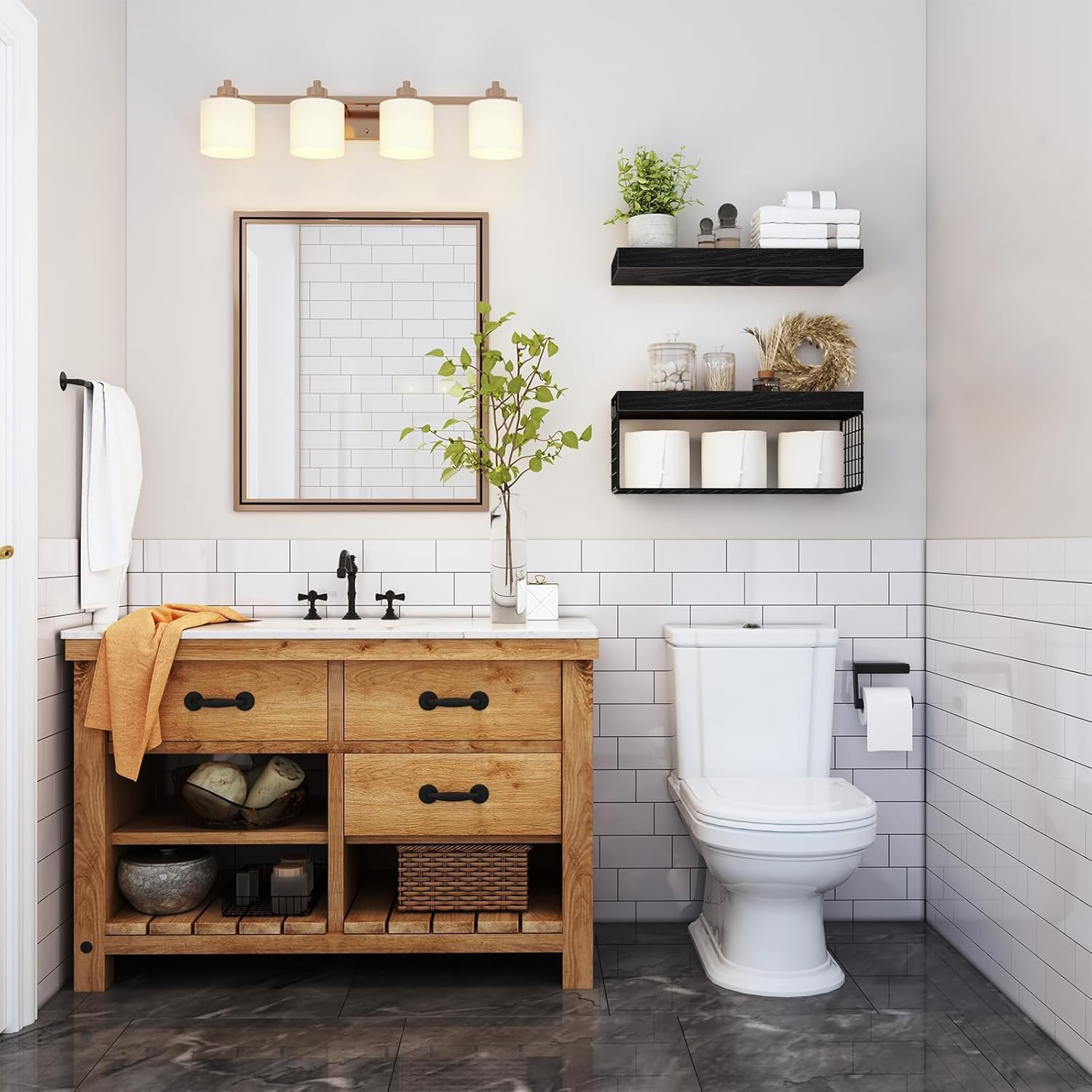 Bathroom Shelves over Toilet - Wall Mounted Floating Shelves Toilet Paper Storage Small Farmhouse Decor Shelf Set of 3, Black image number 3