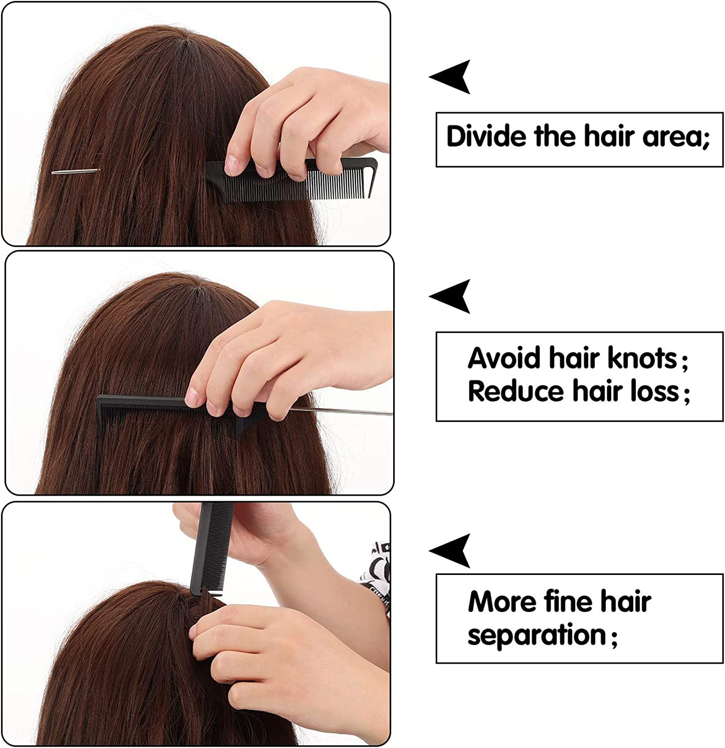 3 PCS Black Tail Combs,Carbon Fiber Stainless Steel Pintail Comb and Heat Resistant Teasing Comb,Metal Parting Combs for Hair Styling Barber Salon Hairdressing Tools image number 5