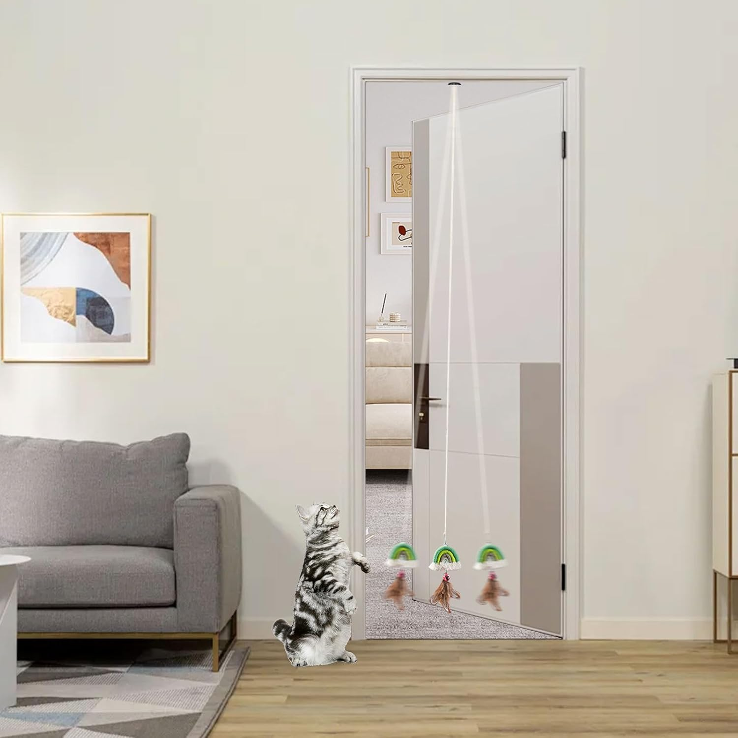 Luckyopt Interactive Cat Toy, Plush Cat Toy with Feather and Colourful Ornament Rainbow, 0.78 Inch Feather Toy for Cat Game and Killing Time (Green) image number 5